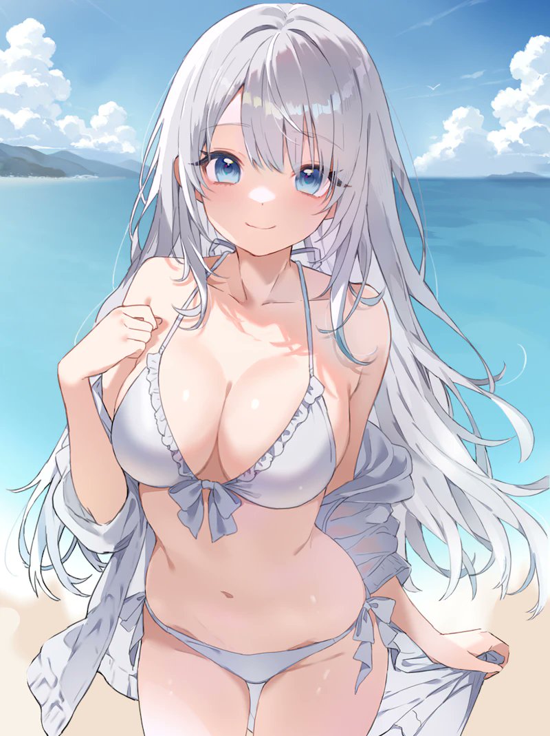 re re merry, original, commission, 1girl, bare shoulders, beach, bikini, blue eyes, blue sky, blush, breasts, cleavage, closed mouth, collarbone, jacket, large breasts, long hair, looking at viewer, navel, ocean, open clothes, open jacket, outdoors, sky, smile, solo, stomach, swimsuit, water, white bikini, white hair, white jacket