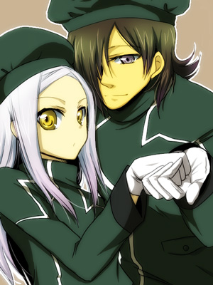 hio (artist), allelujah haptism, soma peries, gundam, gundam 00, beige background, silver hair, lowres, 00s, 1boy, 1girl, beret, brown hair, couple, expressionless, gloves, hair over one eye, hat, hetero, holding hands, looking at viewer, military, military uniform, purple eyes, simple background, upper body, white gloves, yellow eyes