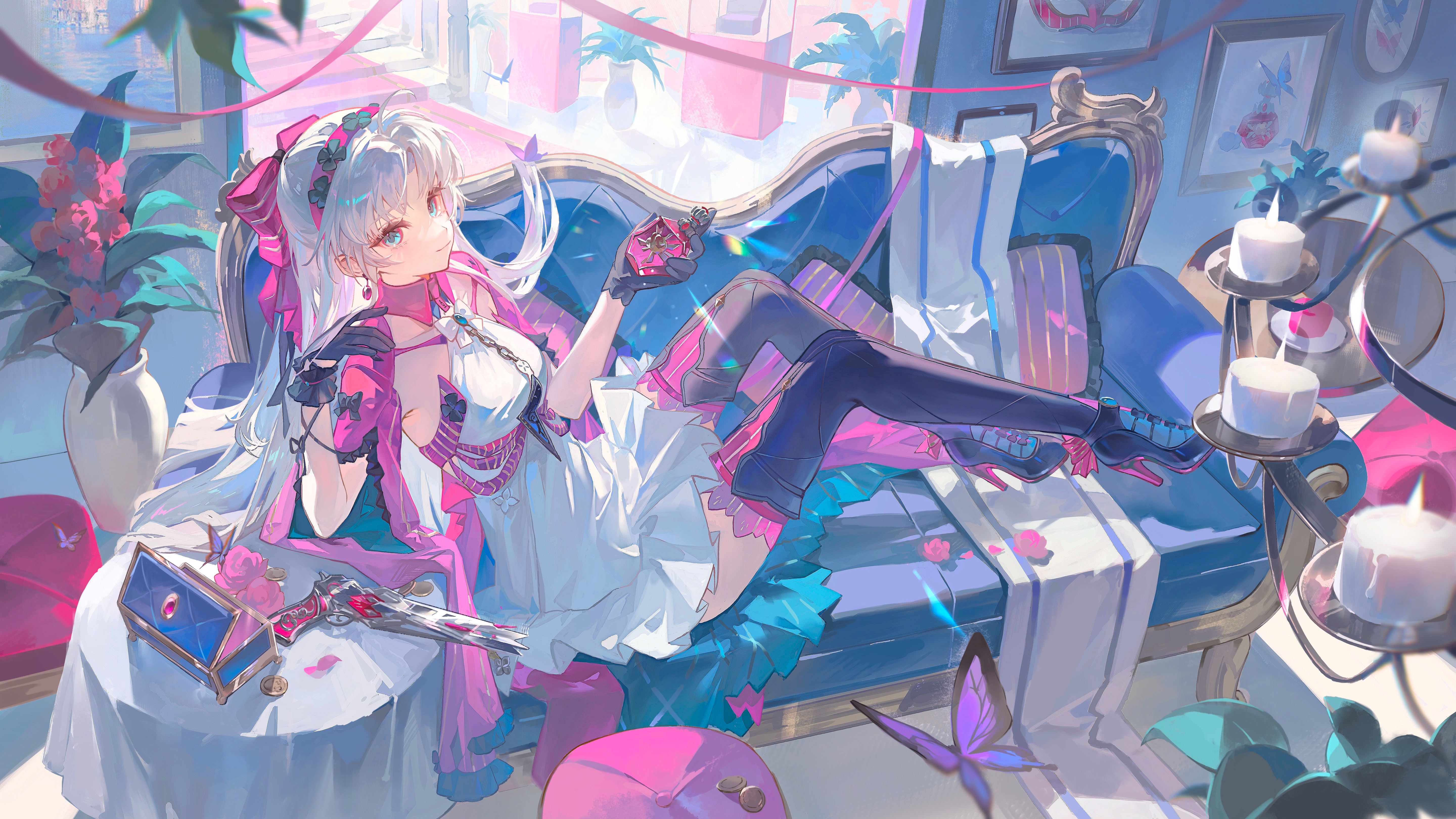 blinklikeer, carlotta (wuthering waves), wuthering waves, absurdres, chinese commentary, commentary request, highres, 1girl, aqua eyes, black boots, black gloves, boots, bottle, bow, breasts, bug, butterfly, candle, closed mouth, couch, dress, earrings, flower, from side, gloves, gun, hair bow, hairband, hand up, high heel boots, high heels, holding, holding bottle, holding perfume, indoors, insect, jacket, jewelry, long hair, looking at viewer, looking to the side, medium breasts, perfume bottle, picture frame, pink bow, pink flower, pink hairband, pink jacket, pink rose, pink thighhighs, purple butterfly, rose, sitting, smile, solo, striped bow, table, thigh boots, thighhighs, thighhighs under boots, weapon, white dress, white hair