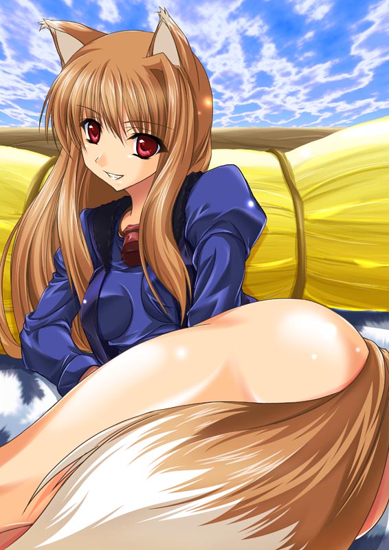 maho (yakimorokoshi), mashuu (masyu), holo, spice and wolf, 00s, 1girl, animal ears, arm support, bottomless, breasts, brown hair, female focus, jacket, jewelry, long hair, long sleeves, lying, necklace, no pants, red eyes, smile, solo, tail, wolf ears, wolf tail