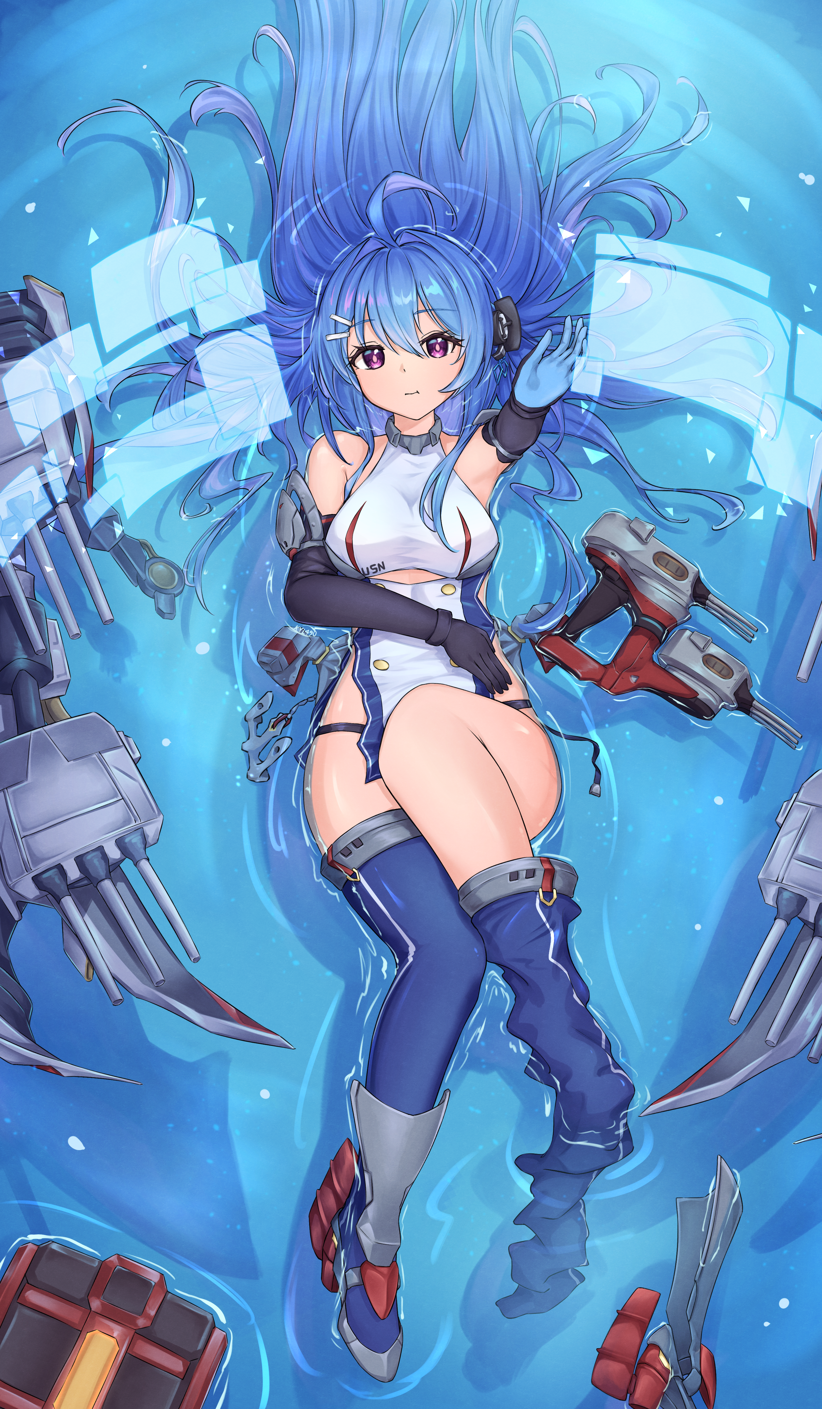 kyl490, helena (azur lane), azur lane, absurdres, commentary, english commentary, highres, 1girl, afloat, ahoge, bare shoulders, blue hair, blue thighhighs, blush, boots, breasts, cleavage, dress, elbow gloves, gloves, hair between eyes, happy birthday, long hair, looking at viewer, machinery, medium breasts, ocean, purple eyes, ship turret, smile, solo, thighhighs, very long hair, water