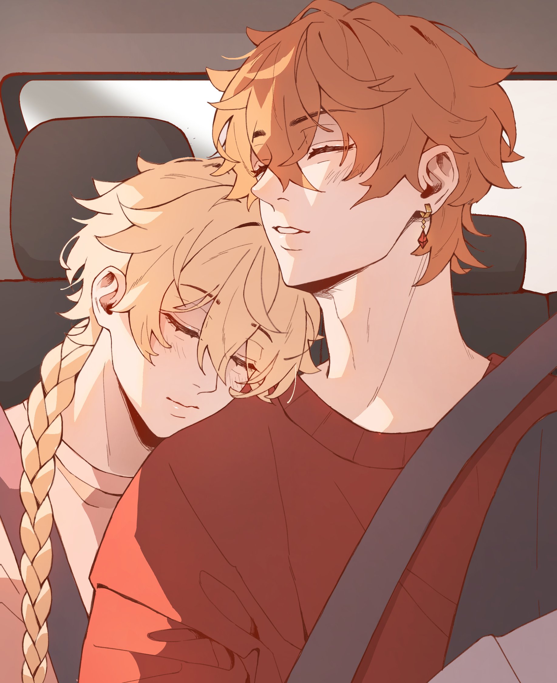 aether (genshin impact), tartaglia (genshin impact), genshin impact, commentary, english commentary, highres, 2boys, adam's apple, blonde hair, braid, car interior, closed mouth, crew neck, double-parted bangs, earrings, eyelashes, hair between eyes, head on another's shoulder, jewelry, long hair, male focus, mi yen, multiple boys, orange hair, parted bangs, parted lips, piercing, red shirt, seatbelt, shirt, short hair, short sleeves, single braid, sitting, smile, upper body, very long hair, white shirt, yaoi