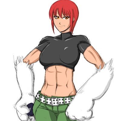 riza wildman, kaibutsu oujo, artist request, lowres, 00s, abs, animal hands, crop top, midriff, muscular, oekaki, orange eyes, red hair
