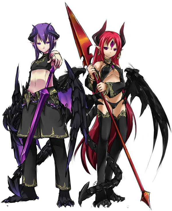 shiratama dango, 1boy, 1girl, breasts, claws, demon boy, demon girl, demon horns, demon tail, demon wings, detached sleeves, earrings, horns, jewelry, long hair, looking at viewer, medium breasts, navel, pointing, pointing at viewer, pointy ears, polearm, purple eyes, purple hair, red hair, shorts, small breasts, spear, sword, tail, thighhighs, third eye, very long hair, weapon, wings