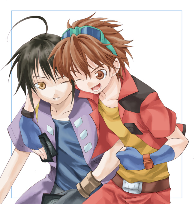 takano natsuki, kazami shun, kuso danma, kuusou danma, bakugan, bakugan battle brawlers, 00s, 2boys, ahoge, belt, black hair, brown eyes, brown hair, fingerless gloves, gloves, goggles, happy, hug, male focus, multiple boys, one eye closed, open clothes, open mouth, open shirt, shirt, short hair, smile, wink, yellow eyes