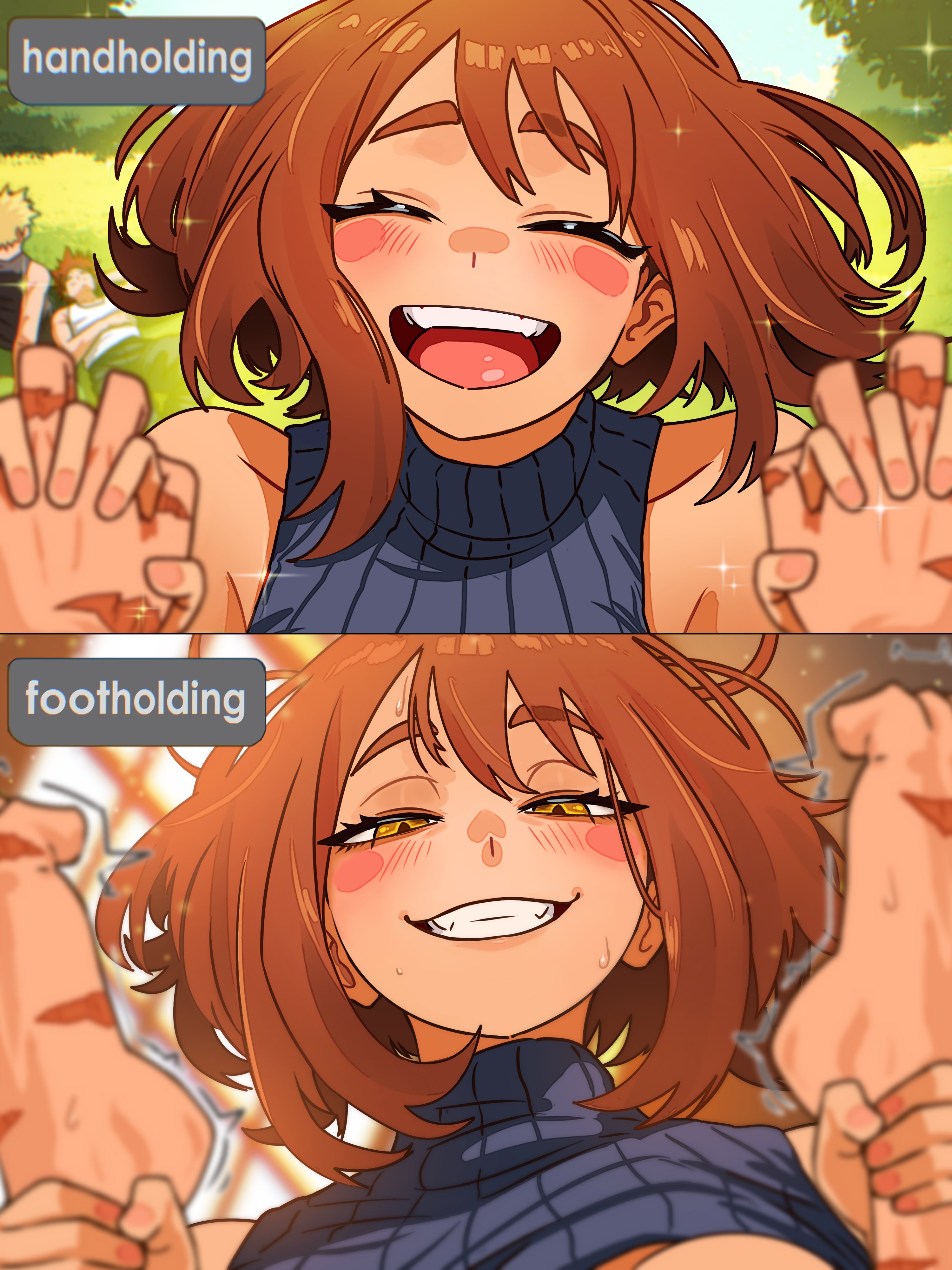 vlizzyvlizz117, bakugou katsuki, kirishima eijirou, midoriya izuku, toga himiko, uraraka ochako, boku no hero academia, absurdres, highres, bare shoulders, blush, breasts, brown hair, clenched teeth, closed eyes, eyebrows hidden by hair, fangs, femdom, foot up, footholding, holding another's foot, holding hands, implied sex, looking at viewer, medium breasts, medium hair, messy hair, naughty face, possessed, pov, short hair, sleeveless, sleeveless sweater, sleeveless turtleneck, smile, smirk, sweat, sweater, teeth, trembling, turtleneck, turtleneck sweater, yellow eyes