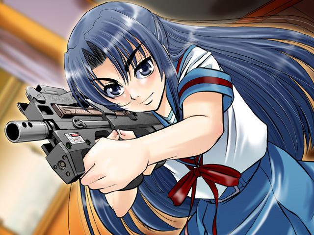 sentape, asakura ryoko, suzumiya haruhi no yuuutsu, 00s, 1girl, blue eyes, blue hair, bullpup, dutch angle, female focus, gun, half updo, horizontal magazine, matching hair/eyes, p90, personal defense weapon, see-through clothes, solo, submachine gun, translucent, weapon