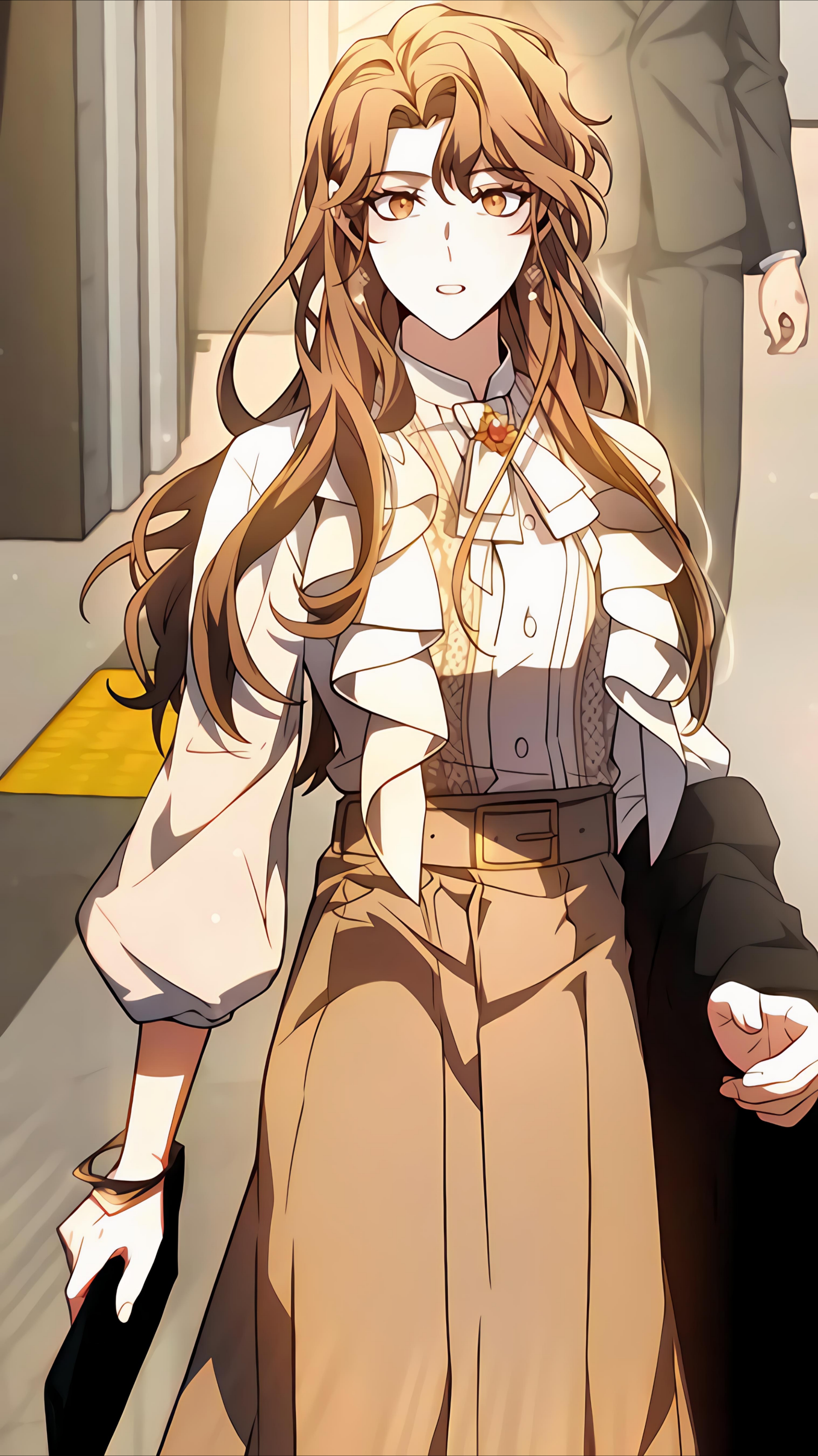 1girl, brown eyes, brown hair, full body, long hair, looking at viewer, manga style, open mouth, seo arin (the 100th regression of the max-level player), shirt, skirt, surprised, teeth, the 100th regression of the max-level player, white shirt