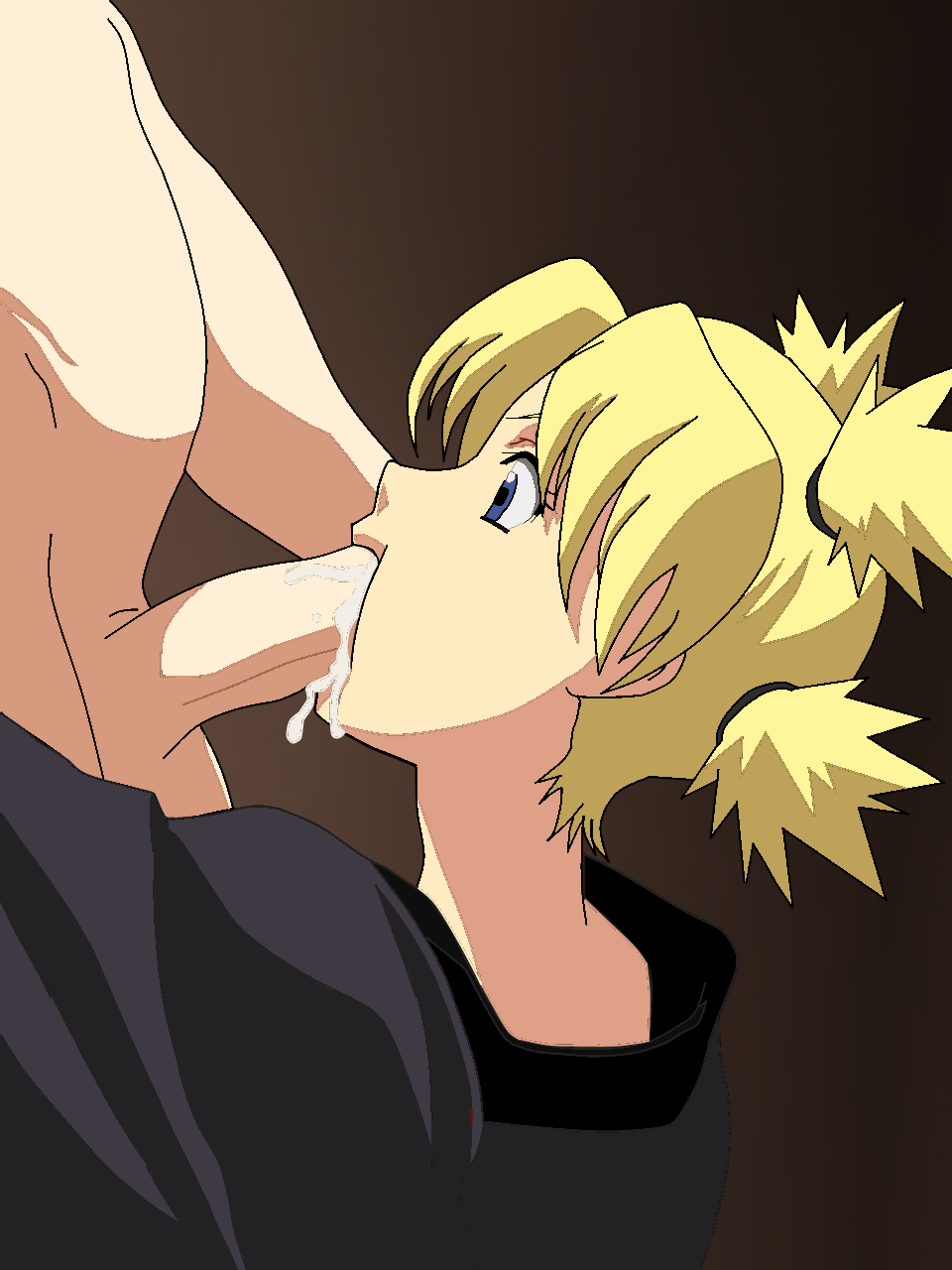 starbag, temari (naruto), naruto (classic), naruto (series), highres, 1boy, 1girl, blonde hair, blue eyes, cloak, cum, fellatio, hairband, hetero, nude, oral, penis, short hair, solo focus, surprised, uncensored, wide-eyed