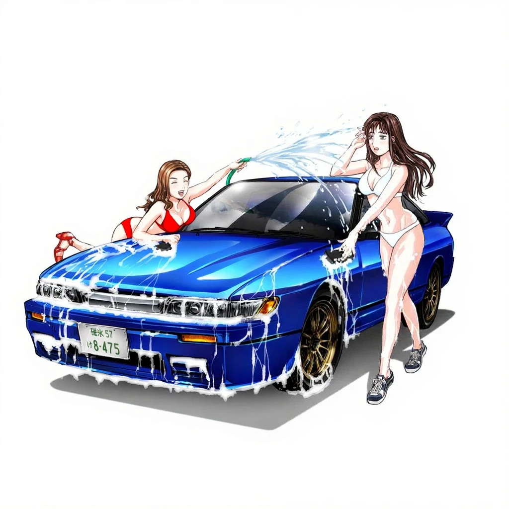 satou mako, sayuki (initial d), initial d, nissan, shin gekijouban initial d, black footwear, red footwear, official art, third-party source, 2girls, ^ ^, bikini, blue car, bra, breasts, brown eyes, brown hair, car, cleavage, closed eyes, denim, denim shorts, groin, hair behind ear, high heels, large breasts, medium breasts, motor vehicle, multiple girls, navel, nissan sileighty, official alternate costume, panties, parted lips, red bikini, red lips, shadow, short shorts, shorts, simple background, smile, soap, sponge, sports car, swimsuit, underwear, vehicle focus, white background, white bikini