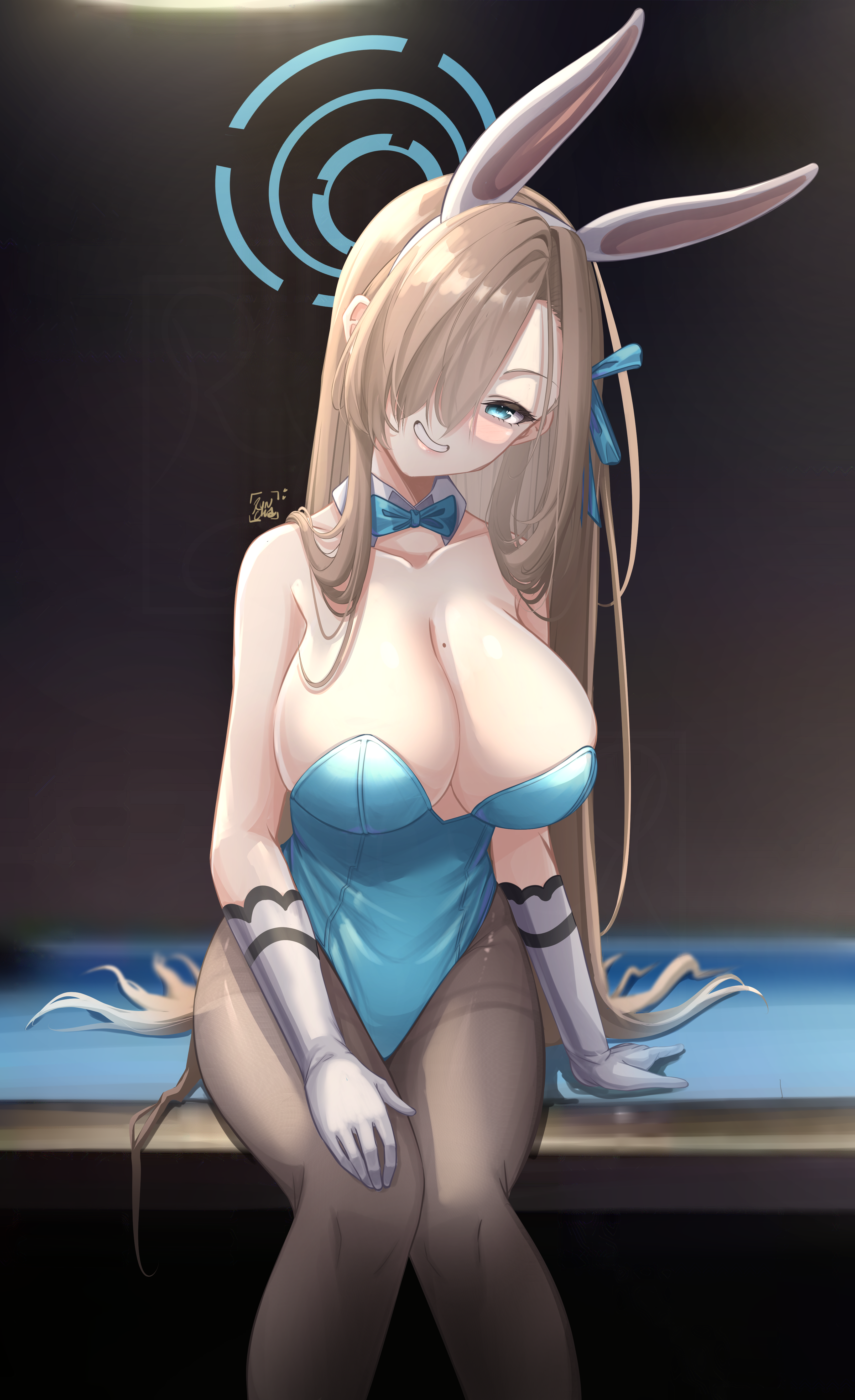 ryncka, asuna (blue archive), asuna (bunny) (blue archive), blue archive, 1girl, animal ears, bare shoulders, blonde hair, blue bow, blue bowtie, blue eyes, blue halo, blue leotard, bow, bowtie, breasts, collar, collarbone, detached collar, eyelashes, fake animal ears, feet out of frame, female focus, gloves, grey pantyhose, grin, hair over one eye, halo, huge breasts, indoors, leotard, long hair, looking at viewer, naughty face, official alternate costume, pantyhose, playboy bunny, rabbit ears, sitting, smile, solo, strapless, strapless leotard, very long hair, white collar, white gloves