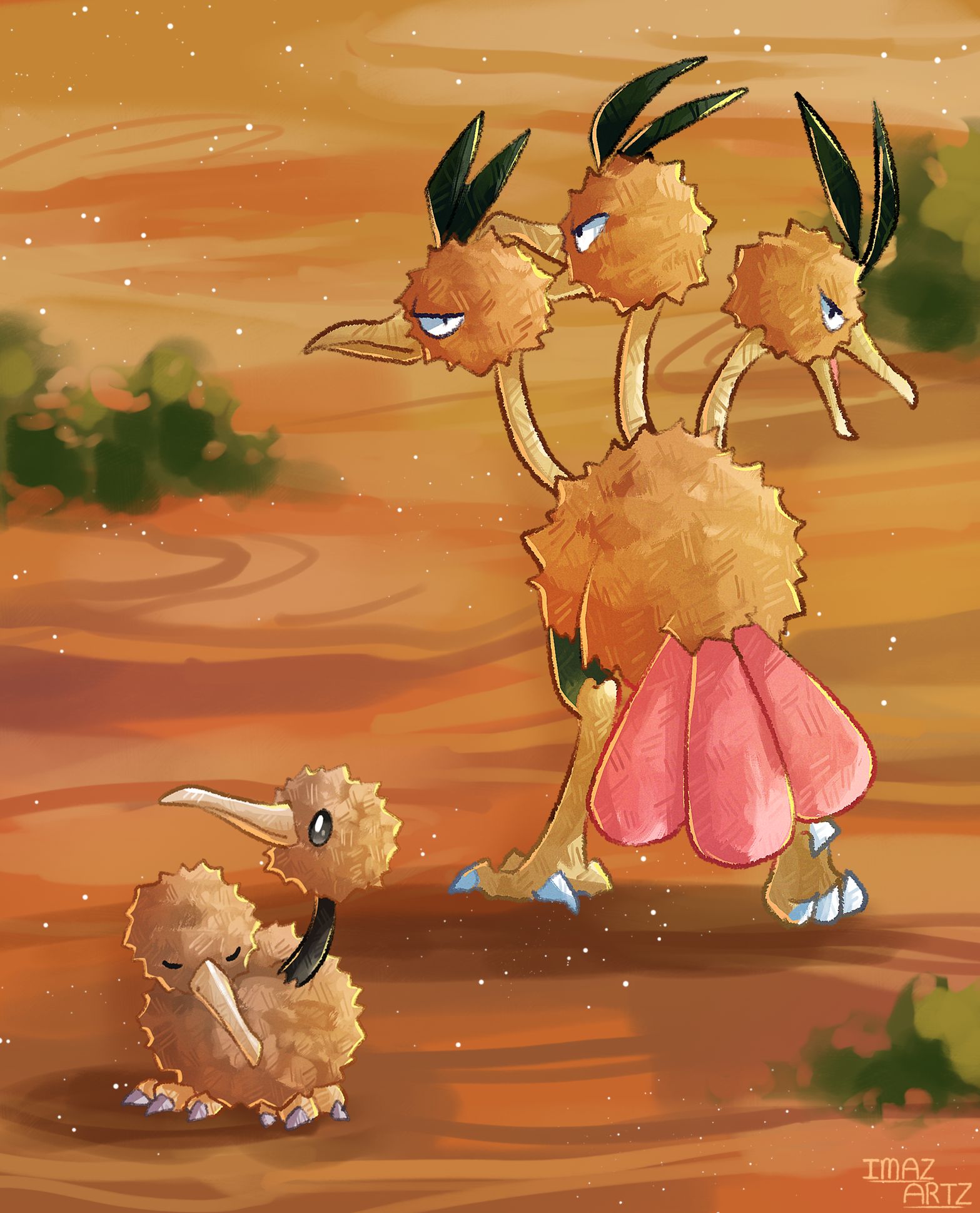 imazartz, dodrio, doduo, nintendo, pokemon, highres, animal focus, beak, bird, closed eyes, closed mouth, desert, gen 1 pokemon, multiple heads, no humans, open mouth, outdoors, pokemon (creature), pokemon focus, tail, talons