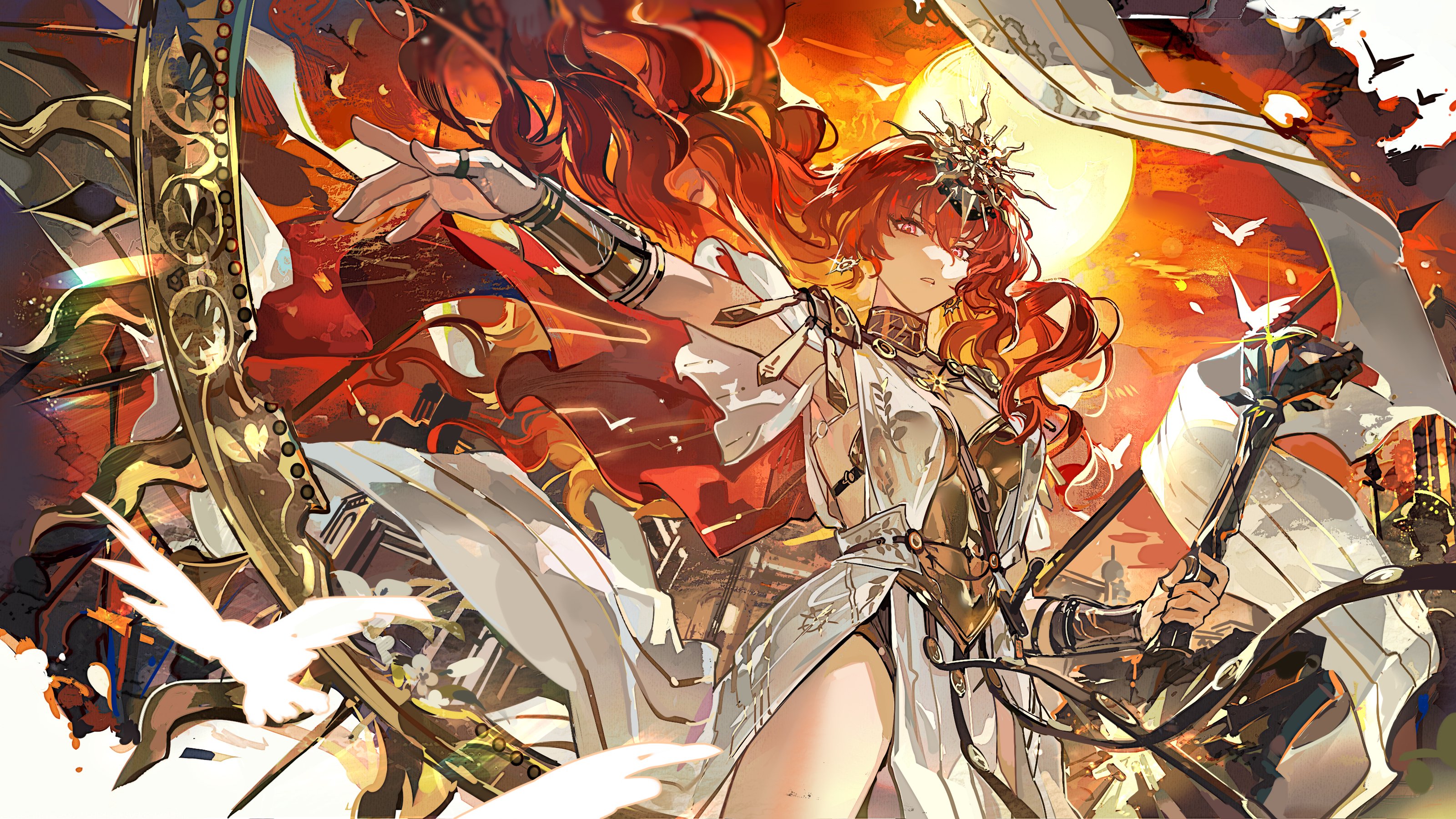 mento, augusta (wuthering waves), wuthering waves, absurdres, commentary, hashtag-only commentary, highres, 1girl, ancient greek clothes, arm armor, armor, breastplate, breasts, colored inner hair, cowboy shot, dress, earrings, floating hair, greatsword, greco-roman clothes, headgear, holding, holding sword, holding weapon, jewelry, long hair, looking at viewer, medium breasts, multicolored hair, orange hair, outstretched arm, parted lips, red eyes, solo, sun earrings, sword, thighs, very long hair, weapon, white dress, wind