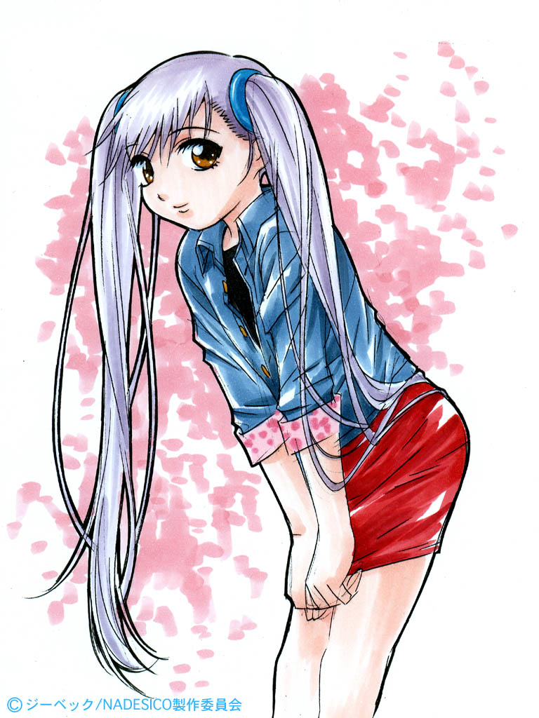 gotou keiji, hoshino ruri, kidou senkan nadesico, eyebrows, 1990s (style), 1girl, brown eyes, buttons, closed mouth, copyright name, eyelashes, female focus, hair ornament, jacket, leaning forward, long hair, pencil skirt, purple hair, red skirt, retro artstyle, sketch, skirt, sleeves rolled up, smile, solo, standing, twintails, unbuttoned, very long hair