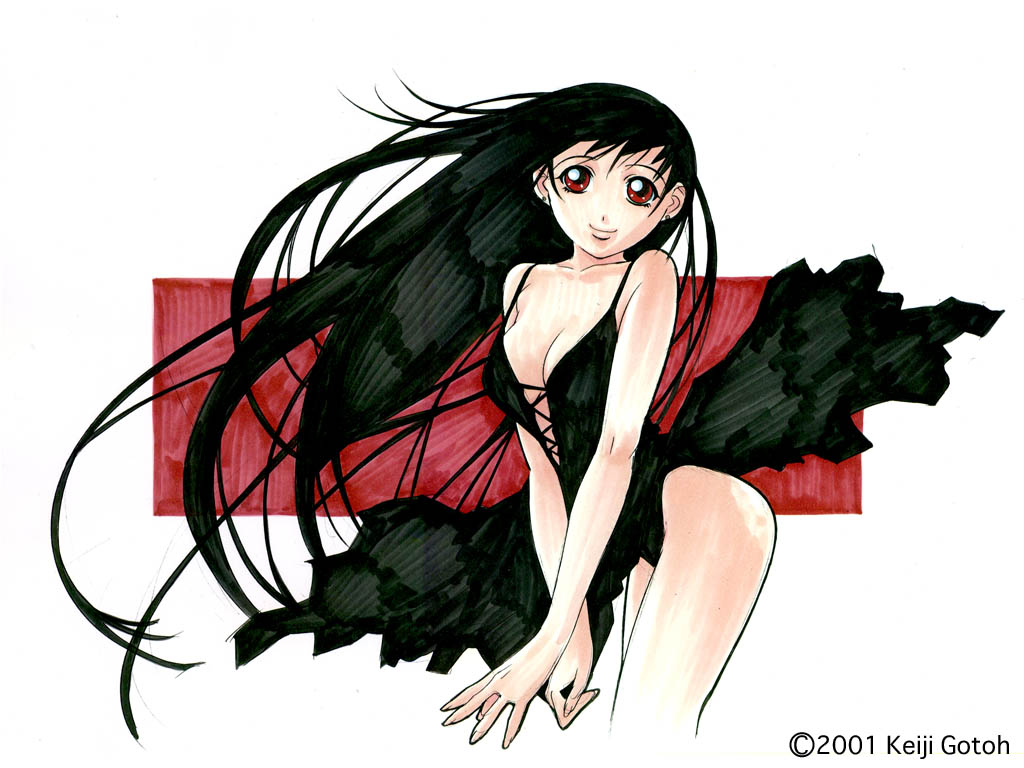 gotou keiji, 1girl, black hair, female focus, red eyes, solo, wind, wind lift