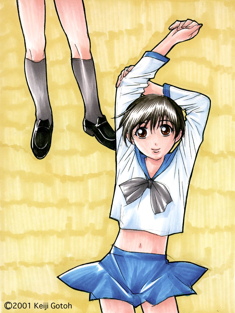 gotou keiji, tagme, 1990s (style), lying, midriff, retro artstyle, school uniform, serafuku, socks