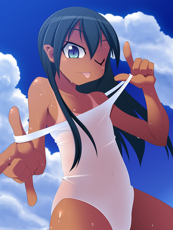 uccow, 1girl, ;p, black hair, blue eyes, cloud, covered navel, dark-skinned female, dark skin, day, female focus, flat chest, loli, long hair, one-piece swimsuit, one-piece tan, one eye closed, outdoors, sky, solo, swimsuit, tan, tanline, tongue, tongue out, undressing, wet, white one-piece swimsuit, wink
