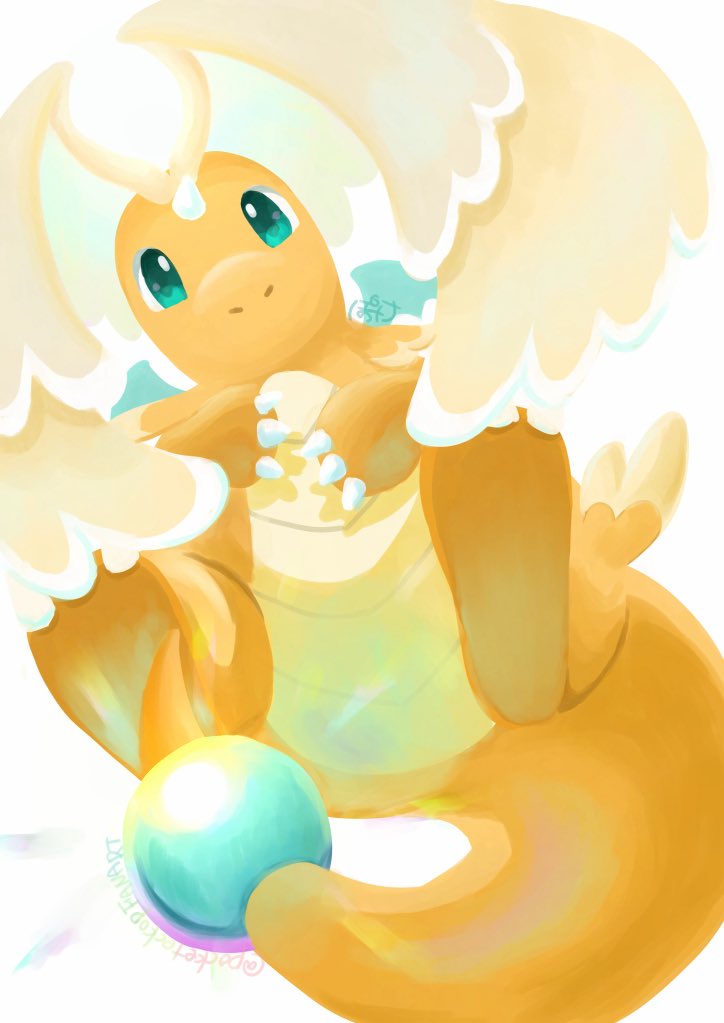 pocketekcop, dragonite, mega dragonite, nintendo, pokemon, claws, closed mouth, colored skin, dragon, feathered wings, full body, gen 1 pokemon, green eyes, head wings, horns, leg wings, looking at viewer, mega pokemon, no humans, orange skin, pokemon (creature), pokemon focus, simple background, single horn, solo, tail, white background, wings