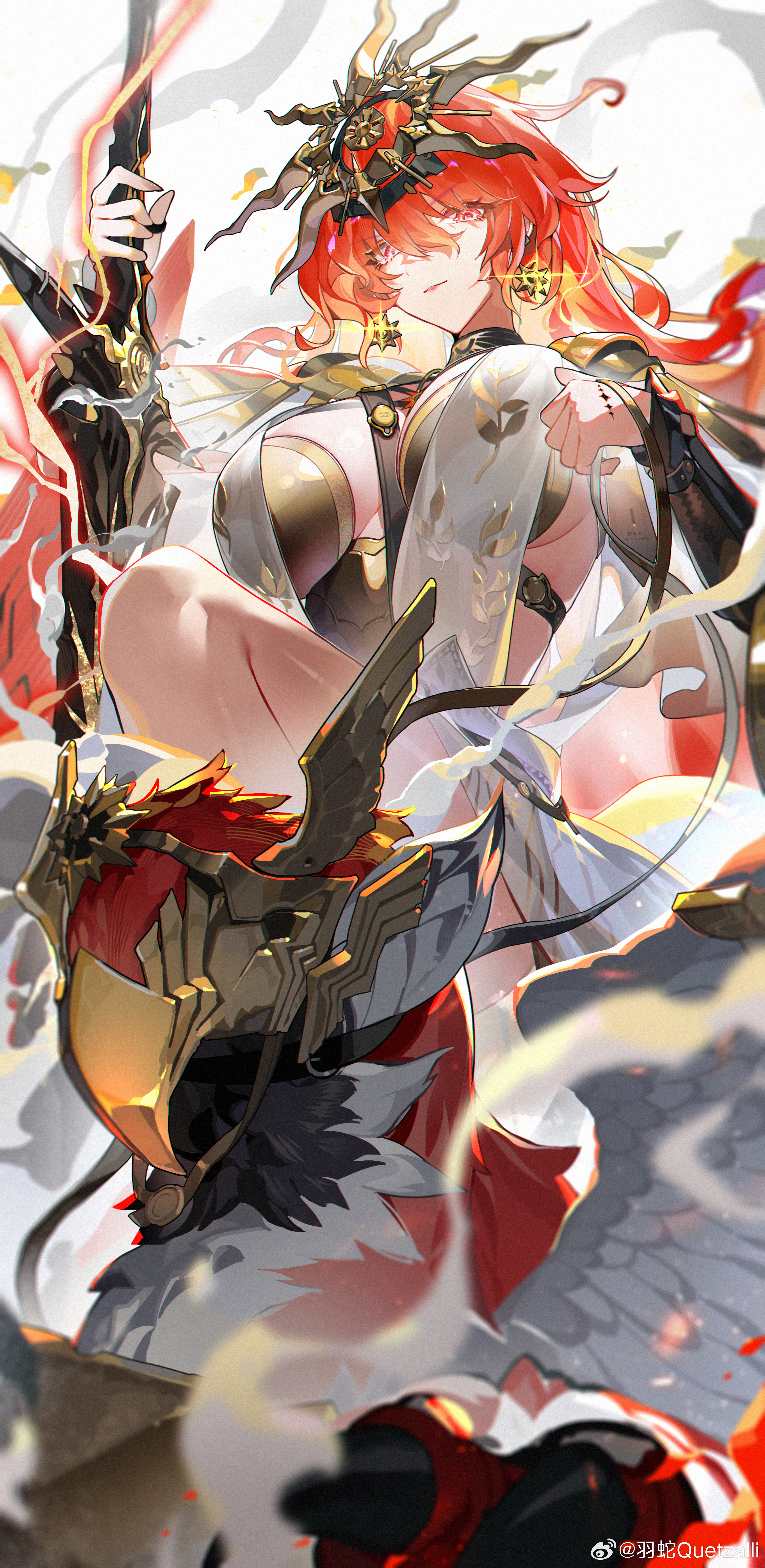 yushe quetzalli, augusta (wuthering waves), wuthering waves, absurdres, chinese commentary, commentary request, highres, 1girl, ancient greek clothes, arm armor, armor, breastplate, breasts, closed mouth, colored inner hair, dress, earrings, electricity, greatsword, greco-roman clothes, hair between eyes, headgear, holding, holding sword, holding weapon, jewelry, large breasts, long hair, looking at viewer, multicolored hair, orange hair, red eyes, solo, sun earrings, sword, tacet discord (wuthering waves), tacet mark (wuthering waves), weapon, white dress