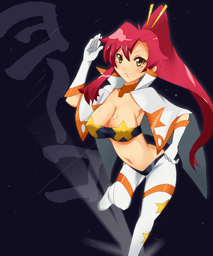 imazon, space yoko, yoko littner, tengen toppa gurren lagann, 00s, 1girl, bandeau, breasts, cleavage, female focus, large breasts, navel, ponytail, solo, strapless, tube top