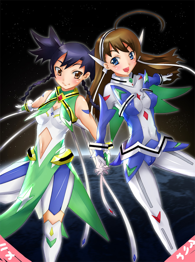 imazon, arika yumemiya, nina wang, my-otome, eyebrows, uniform, 00s, 2girls, :d, ahoge, alternate hairstyle, bare shoulders, blue eyes, blue hair, blush, braid, breasts, brooch, brown eyes, brown hair, cleavage, cleavage cutout, clothing cutout, covered erect nipples, covered navel, earth (planet), gloves, hairband, headgear, holding hands, jewelry, long hair, looking at viewer, multiple girls, navel, navel cutout, open mouth, planet, short hair with long locks, skin tight, smile, space, stomach, twin braids, white gloves