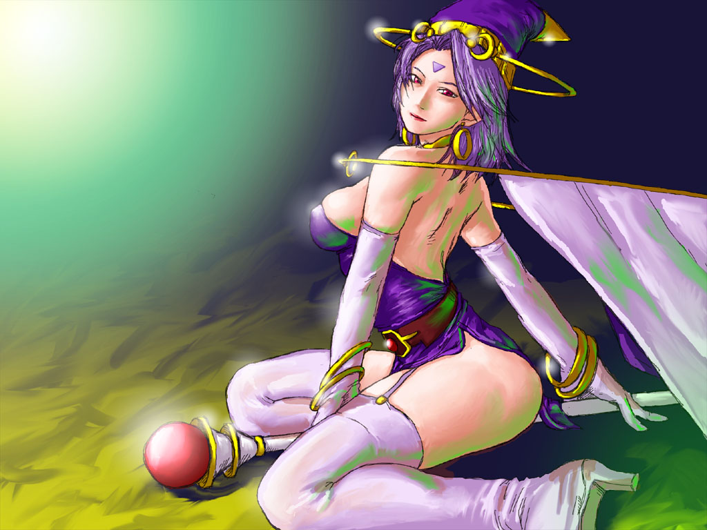 take (draghignazzo), celine jules, star ocean, star ocean: the second story, 1girl, back, bare shoulders, belt, boots, bracelet, breasts, cape, choker, covered erect nipples, crescent, crescent moon, dress, earrings, elbow gloves, female focus, garter straps, gloves, hat, high heels, hoop earrings, jewelry, lipstick, looking back, makeup, moon, on ground, purple hair, purple skirt, red eyes, shoes, short dress, short hair, sideboob, sitting, skirt, smile, solo, thick thighs, thigh boots, thighhighs, thighs