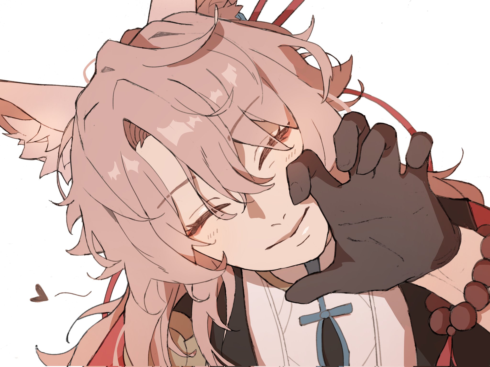 jiaoqiu (honkai: star rail), honkai: star rail, honkai (series), commentary, english commentary, highres, 1boy, animal ear fluff, animal ears, arm up, bead bracelet, beads, black gloves, bracelet, claw pose, closed eyes, closed mouth, eyelashes, fox boy, gloves, head tilt, heart, jewelry, male focus, mi yen, parted bangs, simple background, smile, solo, upper body, white background
