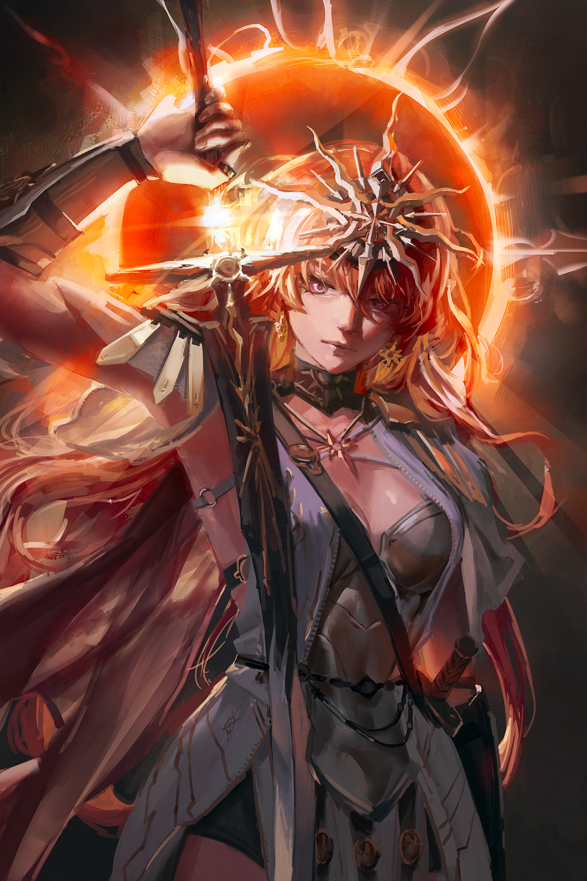 pluvium grandis, augusta (wuthering waves), wuthering waves, commentary, english commentary, highres, 1girl, ancient greek clothes, arm armor, armor, black collar, breastplate, breasts, closed mouth, collar, cowboy shot, dress, earrings, greatsword, greco-roman clothes, hair between eyes, headgear, holding, holding sword, holding weapon, jewelry, long hair, medium breasts, orange hair, red eyes, solo, sun earrings, sun necklace, sword, weapon, white dress