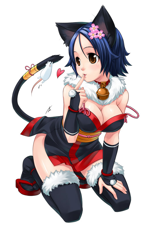 mizuki gyokuran, 1girl, animal ears, bell, blue hair, breasts, brown eyes, cat ears, cat tail, cleavage, collar, female focus, kneeling, mouse (animal), neck bell, solo, tail, thighhighs