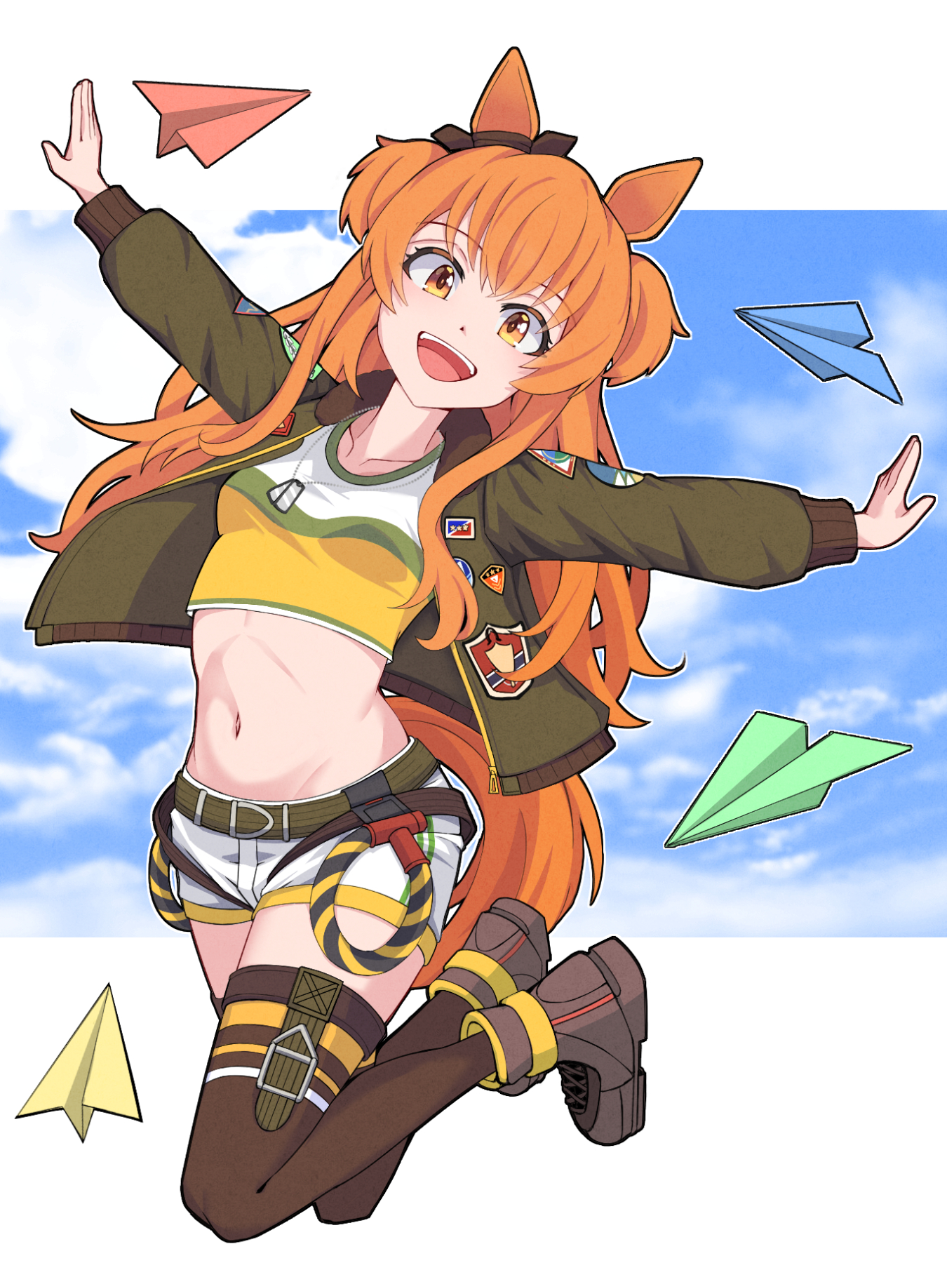 akaruii 31, mayano top gun (umamusume), umamusume, commentary, english commentary, highres, 1girl, :d, animal ears, belt, blue sky, bomber jacket, bow, breasts, brown ribbon, brown shoes, brown thighhighs, cloud, collarbone, crop top, day, dog tags, ear ribbon, full body, green belt, green jacket, groin, hair between eyes, horse ears, horse girl, horse tail, jacket, long hair, long sleeves, looking at viewer, midriff, navel, open clothes, open jacket, open mouth, orange eyes, orange hair, orange tail, outstretched arms, paper airplane, ribbon, shirt, shoes, shorts, sidelocks, sky, small breasts, smile, solo, tail, teeth, thighhighs, two side up, upper teeth only, white shorts, yellow shirt