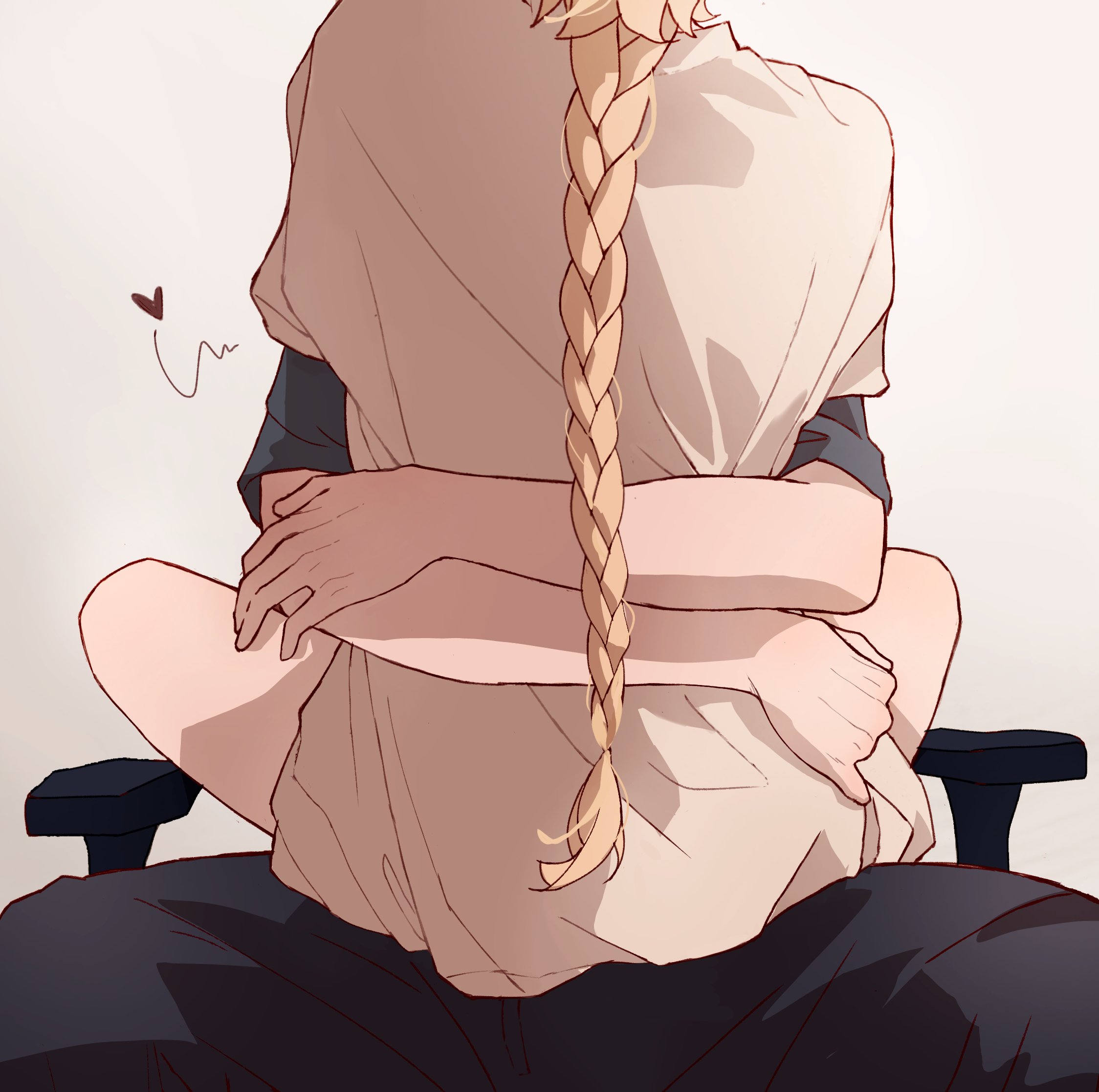 aether (genshin impact), tartaglia (genshin impact), genshin impact, commentary, english commentary, highres, 2boys, arms around waist, black pants, black shirt, blonde hair, braid, feet out of frame, from behind, heart, long hair, male focus, mi yen, multiple boys, pants, shirt, short sleeves, simple background, single braid, sitting, sitting on lap, sitting on person, very long hair, white shirt, yaoi