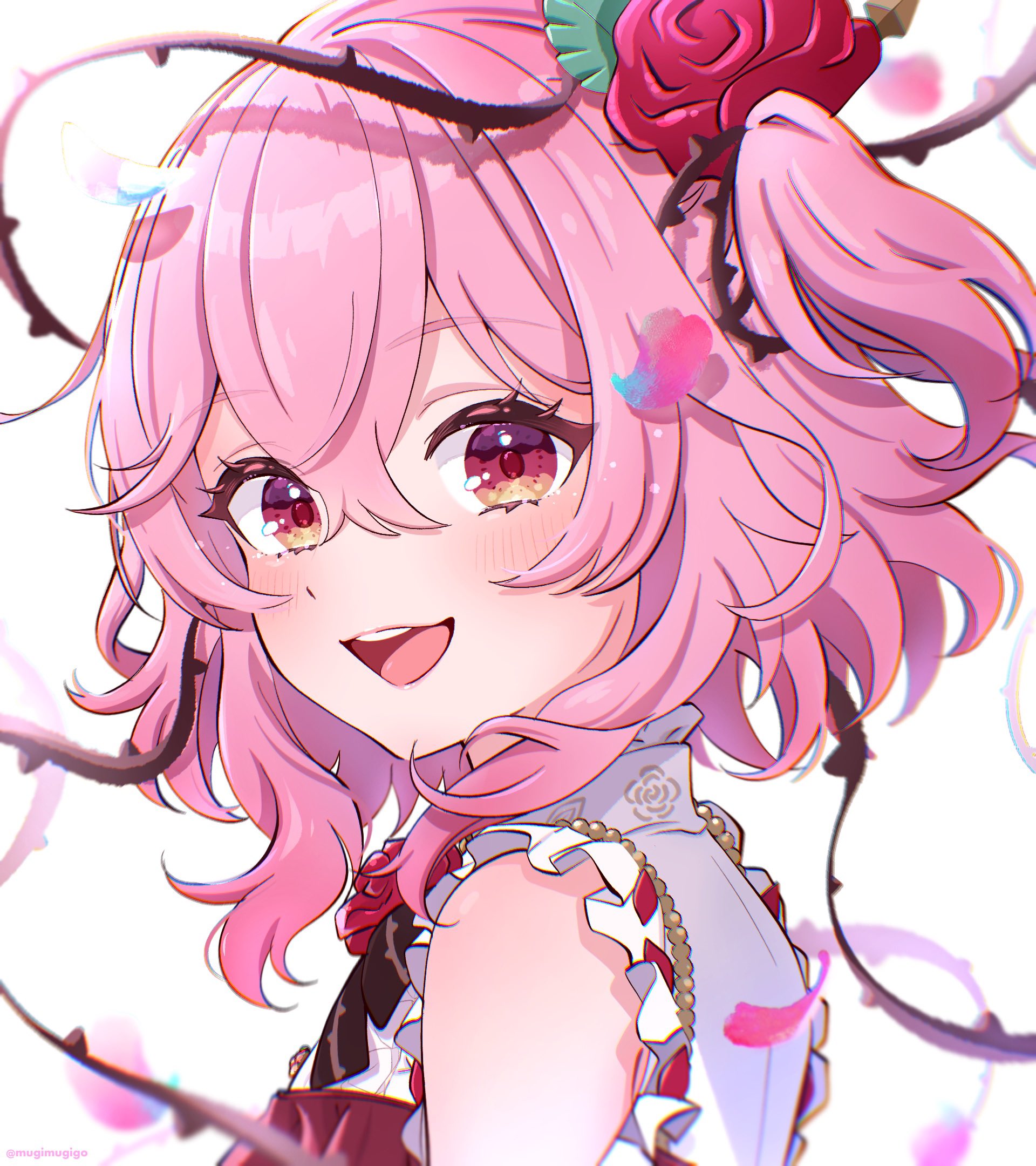 mugimugigo, rosemi lovelock, rosemi lovelock (1st costume), nijisanji, nijisanji en, commentary, highres, symbol-only commentary, 1girl, :d, artist name, blush, clothing cutout, falling petals, flower, from side, hair between eyes, hair flower, hair ornament, hair vines, looking at viewer, medium hair, open mouth, petals, pink hair, red eyes, red flower, red rose, rose, shoulder cutout, side ponytail, simple background, smile, solo, thorns, twitter username, virtual youtuber, white background