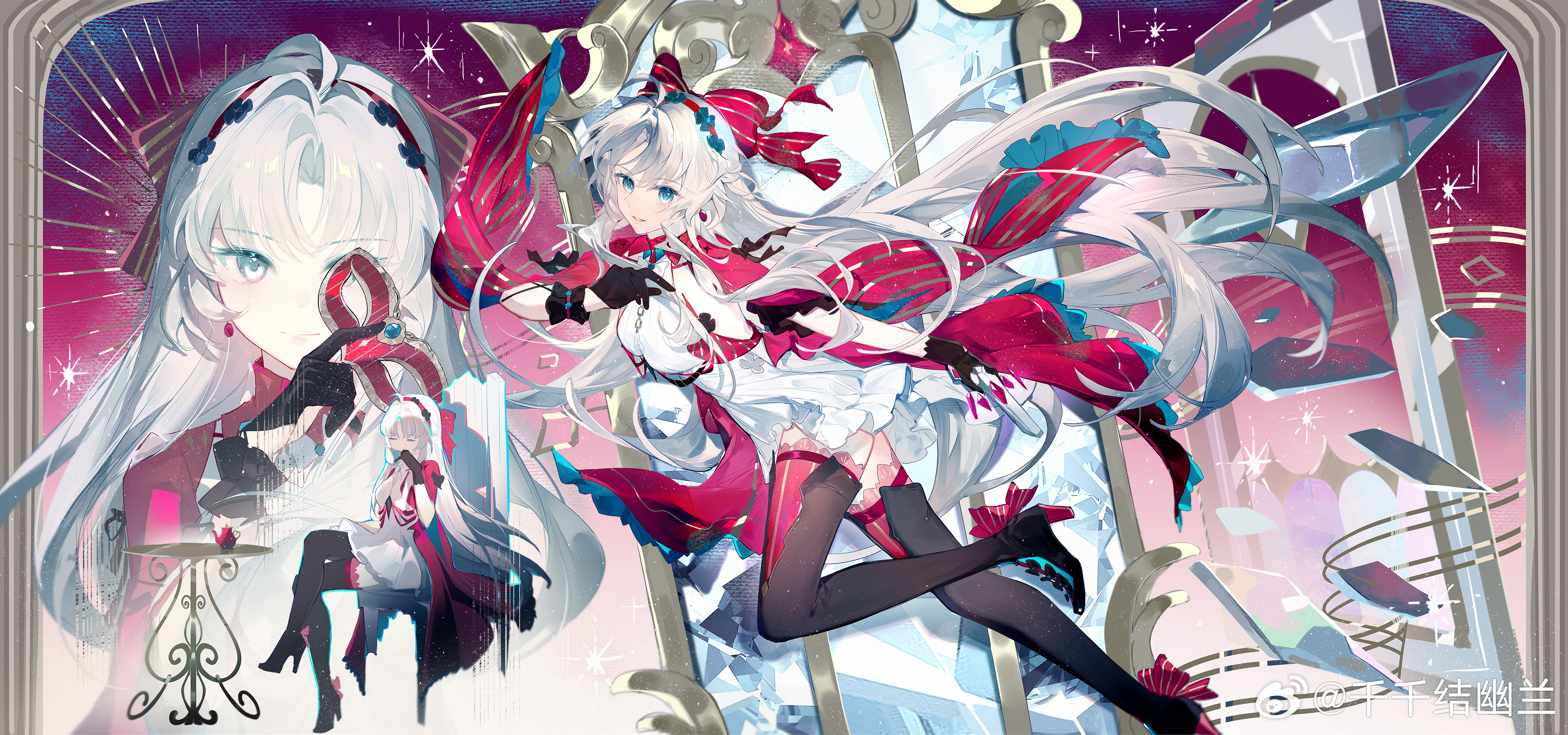 qianqianjie, carlotta (wuthering waves), wuthering waves, absurdres, chinese commentary, commentary request, highres, 1girl, aqua eyes, black boots, black gloves, boots, bow, breasts, closed mouth, dress, earrings, eye mask, gloves, gun, hair bow, hairband, high heel boots, high heels, holding, holding gun, holding mask, holding weapon, jacket, jewelry, long hair, looking at viewer, mask, medium breasts, multiple views, pink bow, pink hairband, pink jacket, pink thighhighs, striped bow, thigh boots, thighhighs, thighhighs under boots, weapon, white dress, white hair