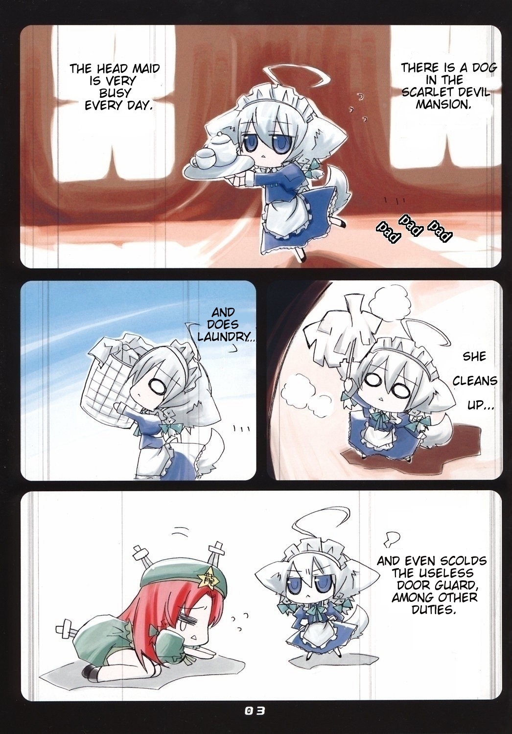 nejikirio, hong meiling, inu sakuya (nejikirio), izayoi sakuya, touhou, hard-translated, highres, third-party edit, translated, ahoge, animal ears, chibi, comic, dog ears, dog tail, female focus, knife, scolding, tail, throwing knife, weapon
