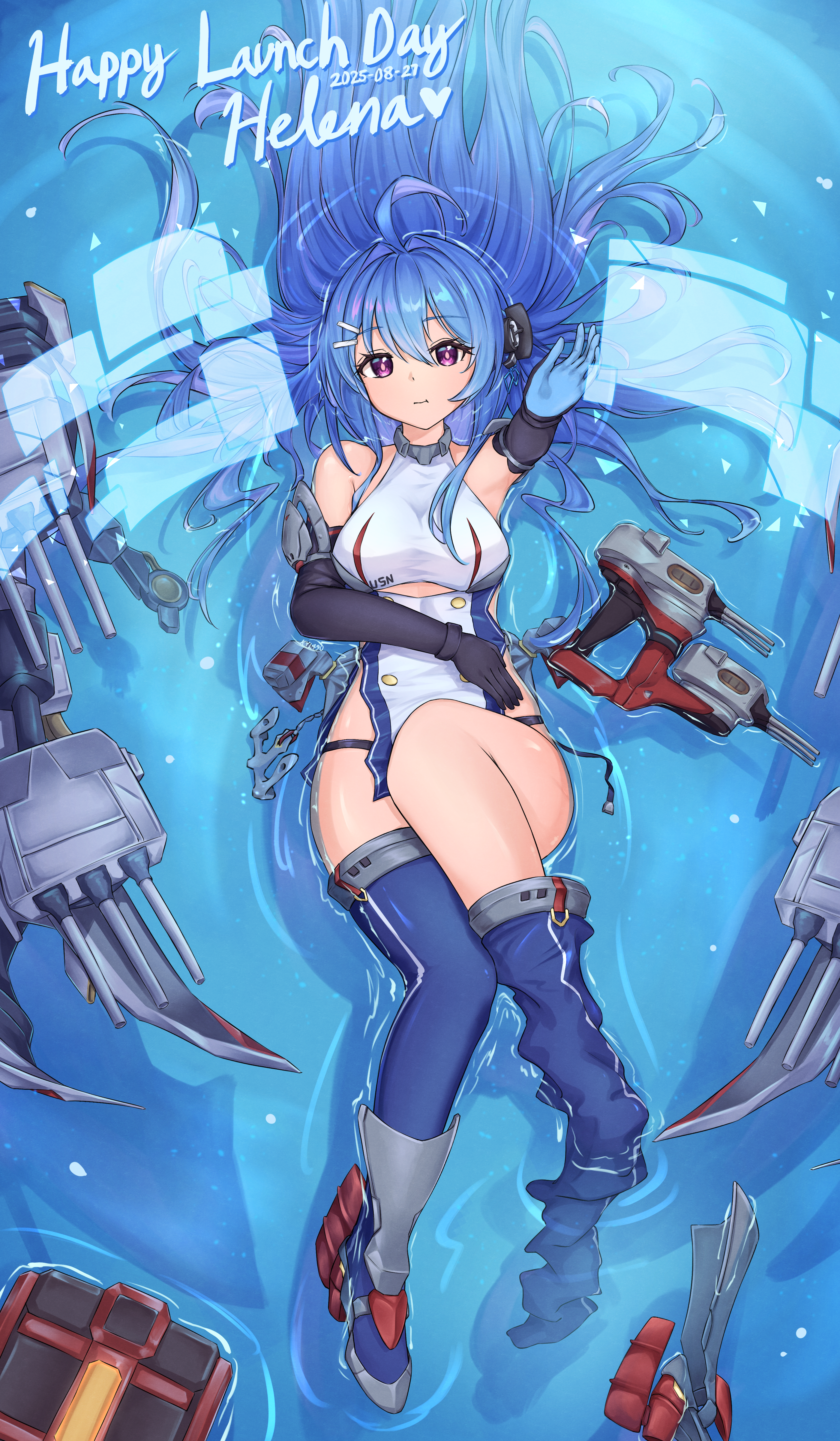 kyl490, helena (azur lane), azur lane, absurdres, commentary, english commentary, highres, 1girl, afloat, ahoge, bare shoulders, blue hair, blue thighhighs, blush, boots, breasts, cleavage, dress, elbow gloves, gloves, hair between eyes, happy birthday, long hair, looking at viewer, machinery, medium breasts, ocean, purple eyes, ship turret, smile, solo, thighhighs, very long hair, water