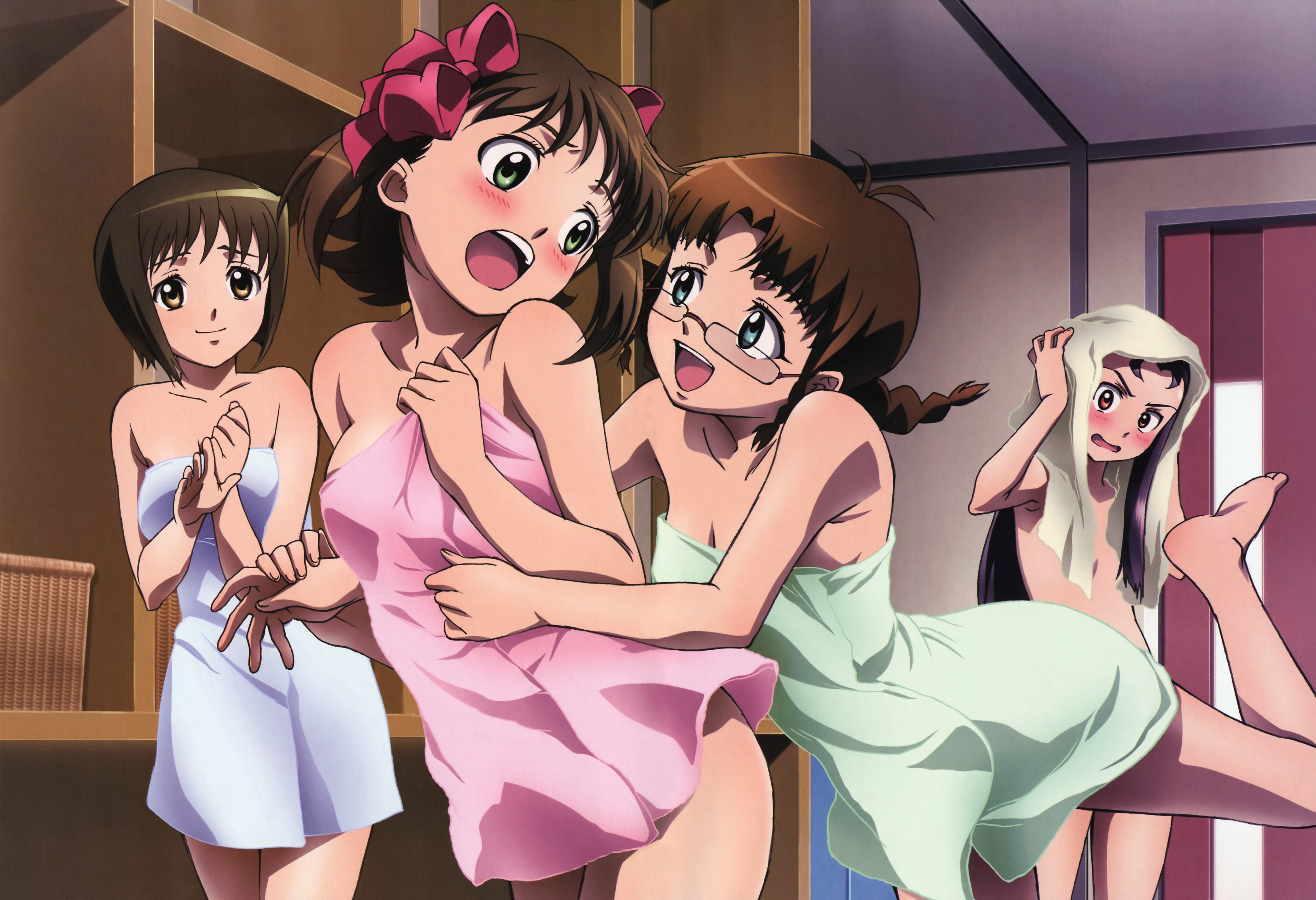 akizuki ritsuko, amami haruka, hagiwara yukiho, minase iori, idolmaster, idolmaster (classic), idolmaster 1, absurdres, highres, official art, 00s, 4girls, bare shoulders, barefoot, blush, braid, brown hair, glasses, long hair, multiple girls, naked towel, open mouth, ribbon, short hair, towel