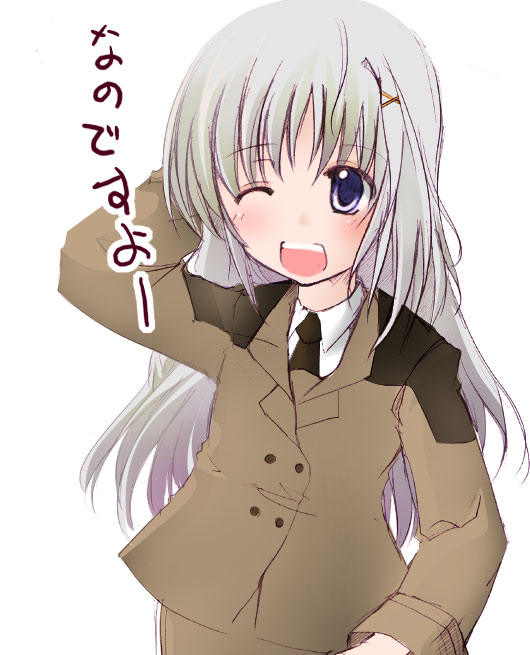 ruku (alicecreation), reinforce zwei, lyrical nanoha, mahou shoujo lyrical nanoha, mahou shoujo lyrical nanoha strikers, silver hair, 00s, 1girl, blue eyes, female focus, hair ornament, long hair, military, military uniform, necktie, solo, x hair ornament