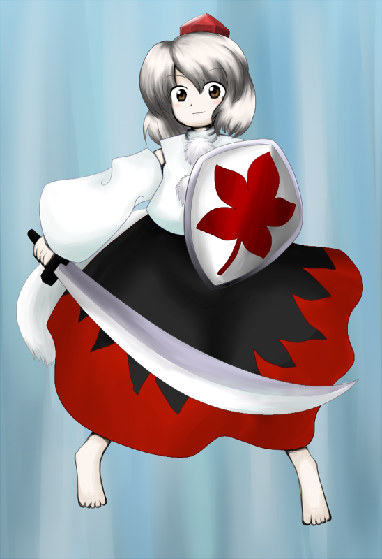 cynthia2, sakuragi rian, inubashiri momiji, touhou, 1girl, female focus, long skirt, official style, parody, shield, skirt, solo, style parody, sword, weapon, zun (style)