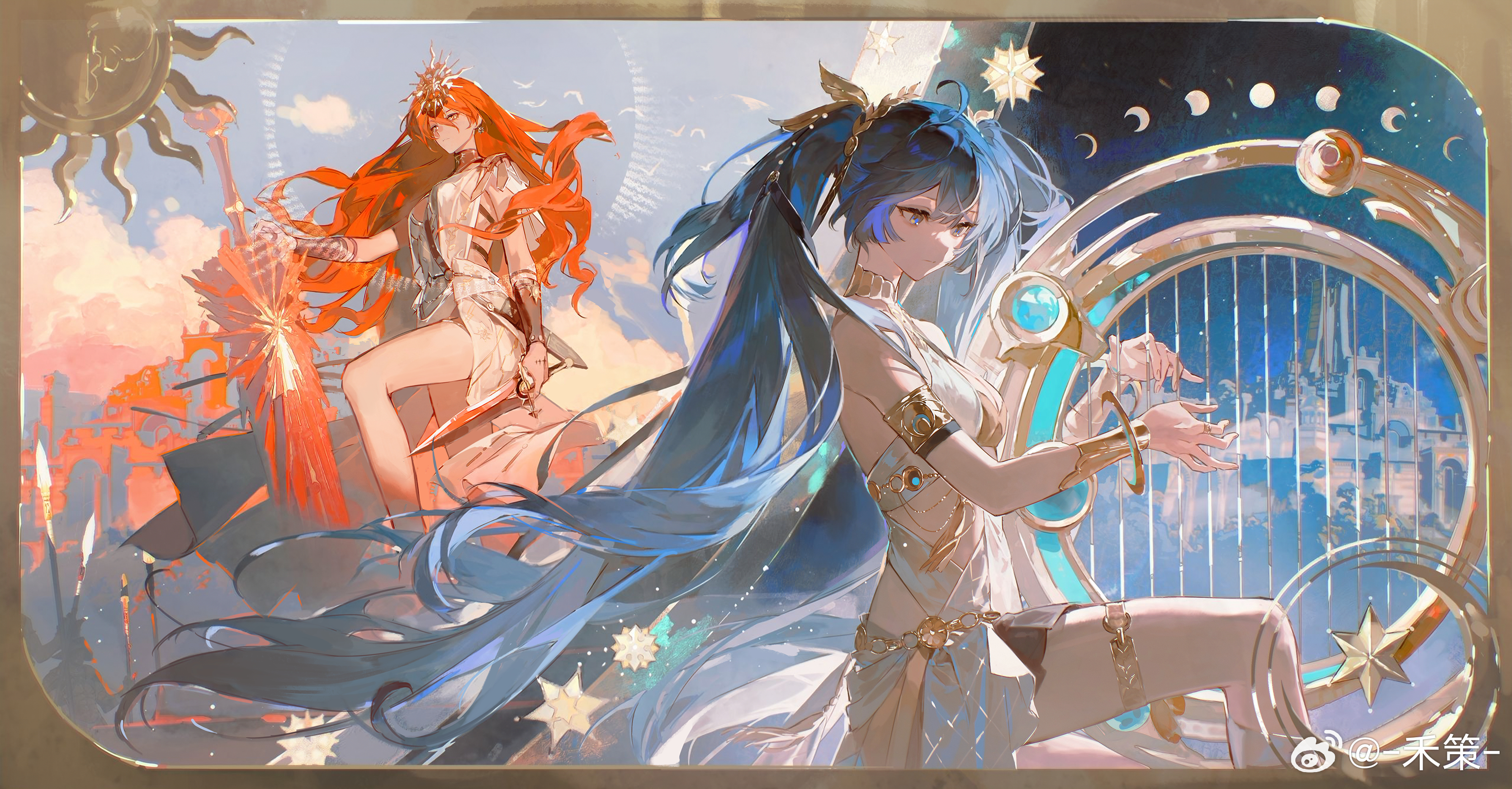 noland, augusta (wuthering waves), iuno (wuthering waves), wuthering waves, absurdres, chinese commentary, commentary request, highres, 2girls, ahoge, ancient greek clothes, arm armor, armlet, armor, asymmetrical dual wielding, bare legs, bare shoulders, black skirt, blue eyes, blue hair, breastplate, breasts, closed mouth, dress, dual wielding, gold bra, greatsword, greco-roman clothes, hair belt, head wreath, headgear, holding, holding sword, holding weapon, jewelry, legs, long hair, medium breasts, miniskirt, multiple girls, orange hair, skirt, sword, tacet mark (wuthering waves), thighlet, thighs, twintails, very long hair, weapon, white dress