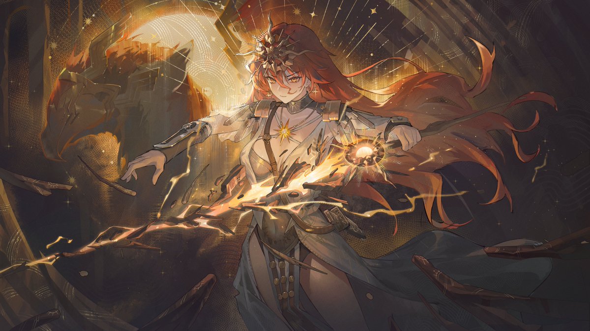 krin (krinnin), augusta (wuthering waves), wuthering waves, commentary, 1girl, arm armor, armor, black collar, breastplate, breasts, closed mouth, collar, cowboy shot, dress, earrings, greatsword, hair between eyes, hands up, headgear, holding, holding sword, holding weapon, jewelry, long hair, looking at viewer, medium breasts, orange hair, red eyes, sheath, solo, sun earrings, sun necklace, sword, thighs, very long hair, weapon, white dress
