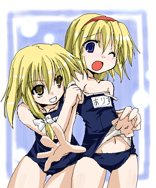 yuuki eishi, alice margatroid, kirisame marisa, touhou, 2girls, blonde hair, female focus, foreshortening, multiple girls, name tag, oekaki, one-piece swimsuit, school swimsuit, school swimsuit flap, swimsuit, tears
