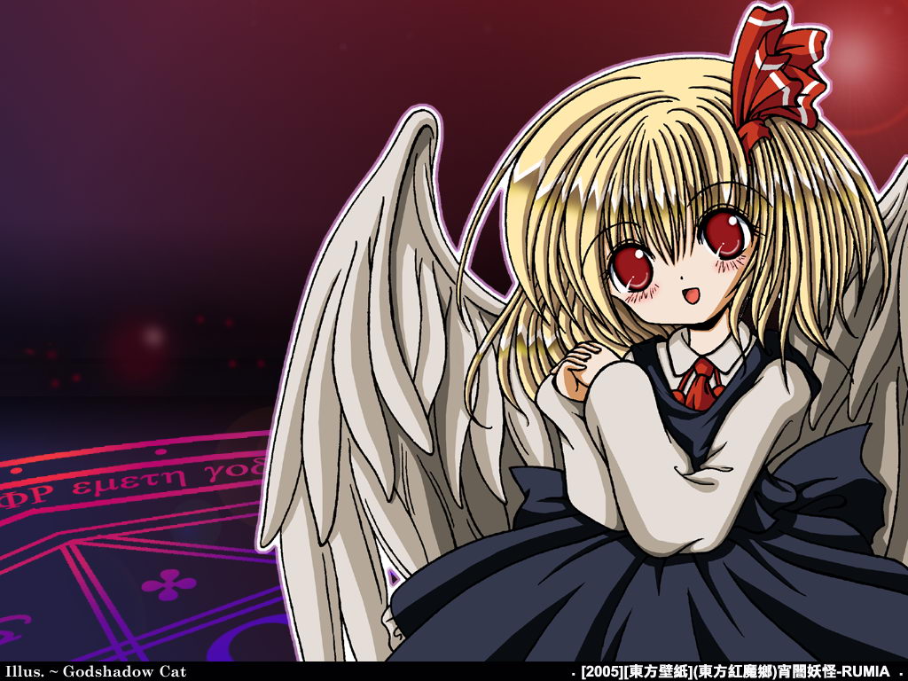 rumia, embodiment of scarlet devil, touhou, 1girl, blonde hair, female focus, hair ribbon, necktie, red eyes, ribbon, short hair, solo, wings