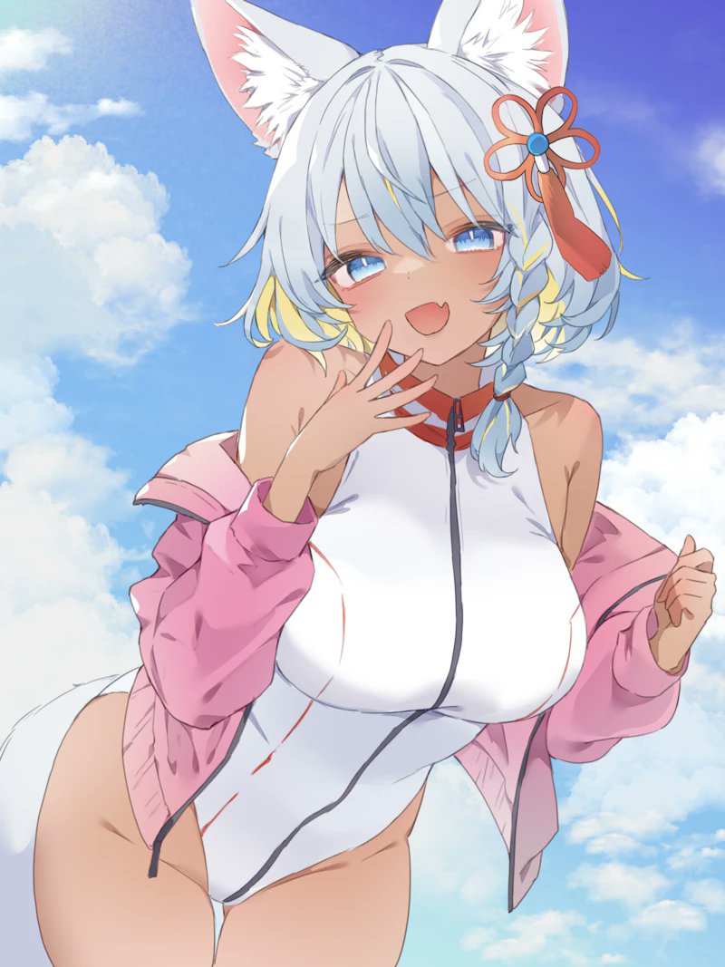 re re merry, original, character request, commission, 1girl, animal ear fluff, animal ears, aqua hair, bare shoulders, blue eyes, blue sky, blush, braid, breasts, cloud, grey hair, hair ornament, jacket, large breasts, looking at viewer, one-piece swimsuit, open clothes, open jacket, open mouth, outdoors, pink jacket, short hair, sky, smile, solo, swimsuit, tail, white one-piece swimsuit
