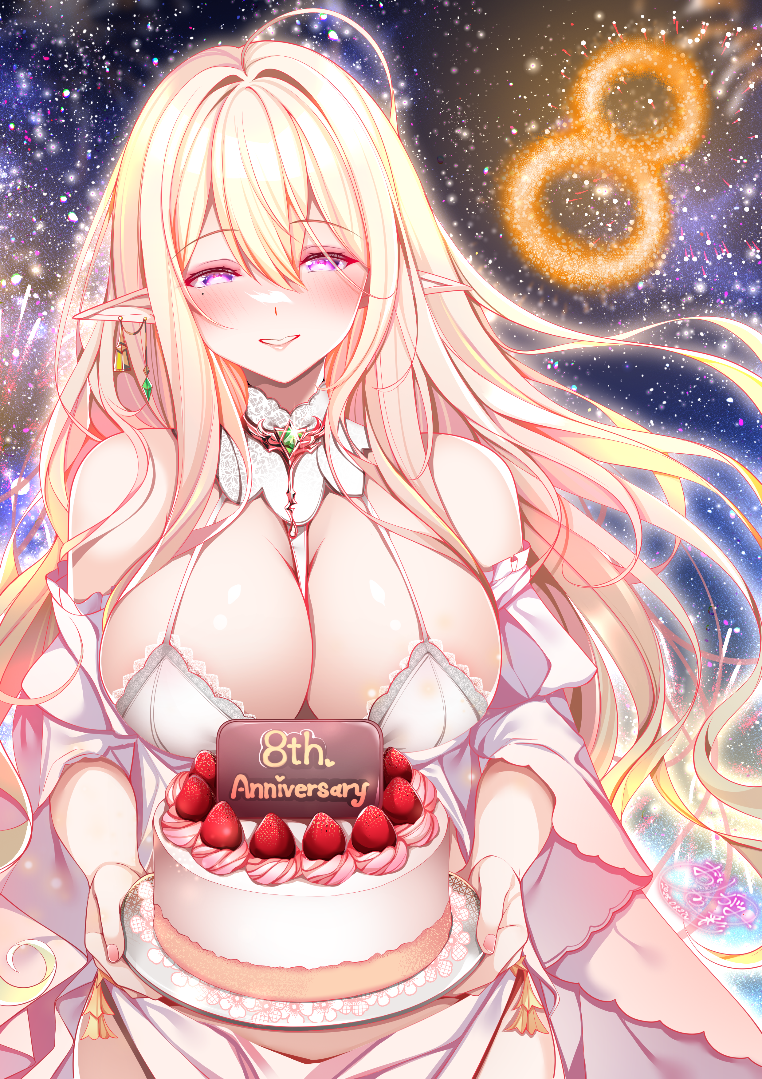 origami aya, gouden leeuw (azur lane), azur lane, absurdres, commentary request, highres, 1girl, aerial fireworks, ahoge, anniversary, bare shoulders, blonde hair, bra, breasts, cake, cleavage, collared halterneck, cowboy shot, earrings, elf, fireworks, food, gem, green gemstone, hair between eyes, holding, holding cake, holding food, jewelry, large breasts, long hair, long sleeves, looking at viewer, mole, mole under eye, pointy ears, purple eyes, revealing clothes, sky, smile, solo, star (sky), starry sky, underwear, very long hair, white bra, wide sleeves