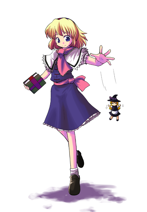 akase rai, alice margatroid, kirisame marisa, touhou, 1girl, belt, blonde hair, blue eyes, blush, book, capelet, character doll, doll, female focus, frills, full body, grimoire, grimoire of alice, holding, loafers, puppet strings, shoes, short hair, solo, standing, string