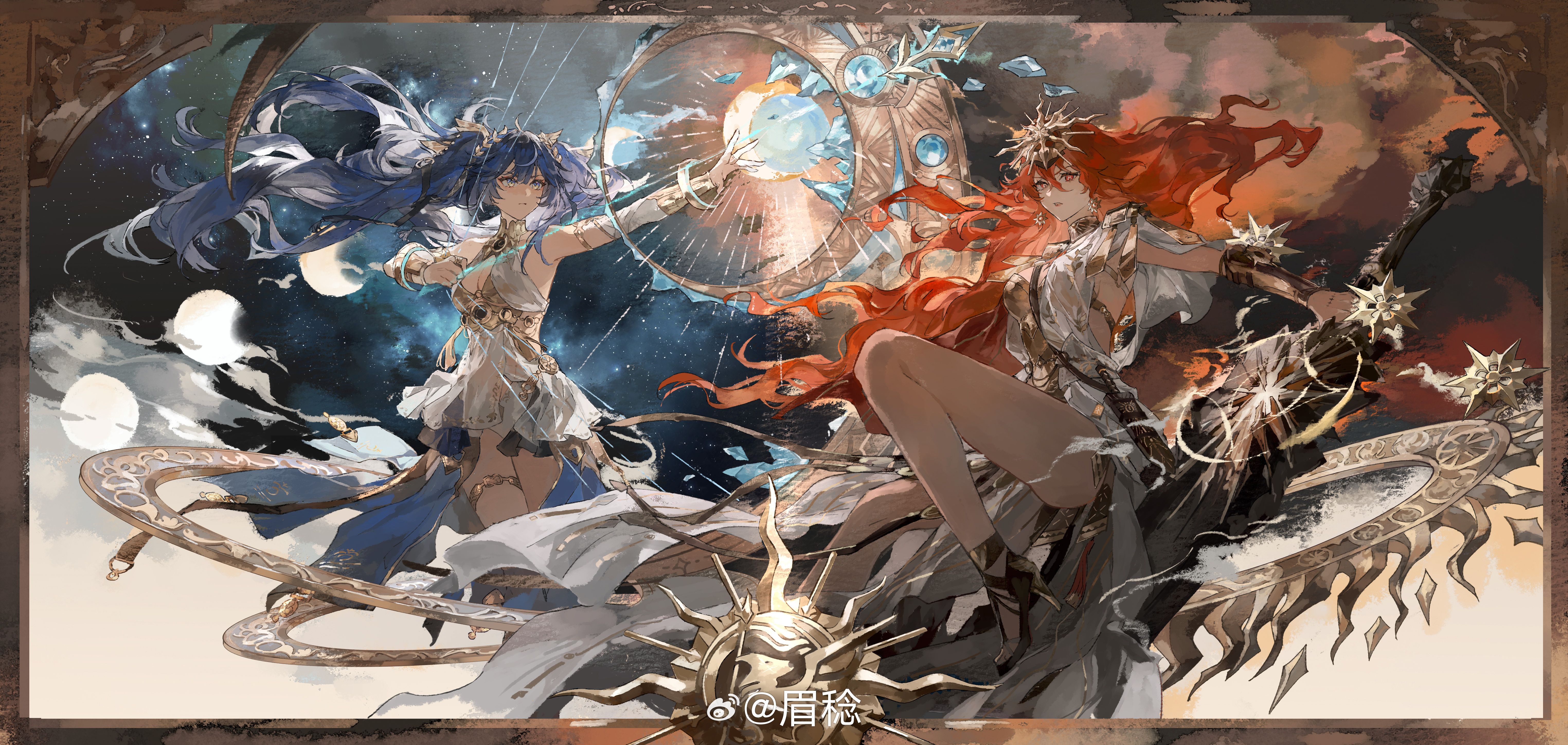mei ren, augusta (wuthering waves), iuno (wuthering waves), wuthering waves, absurdres, chinese commentary, commentary request, highres, 2girls, ancient greek clothes, arm armor, armlet, armor, bare legs, black collar, black skirt, blue eyes, blue hair, breastplate, breasts, collar, dress, earrings, gold bra, greatsword, greco-roman clothes, hair belt, hair between eyes, head wreath, headgear, holding, holding sword, holding weapon, jewelry, legs, long hair, medium breasts, miniskirt, multiple girls, orange hair, red eyes, showgirl skirt, skirt, split theme, sun earrings, sword, tacet mark (wuthering waves), thighlet, thighs, very long hair, weapon, white dress