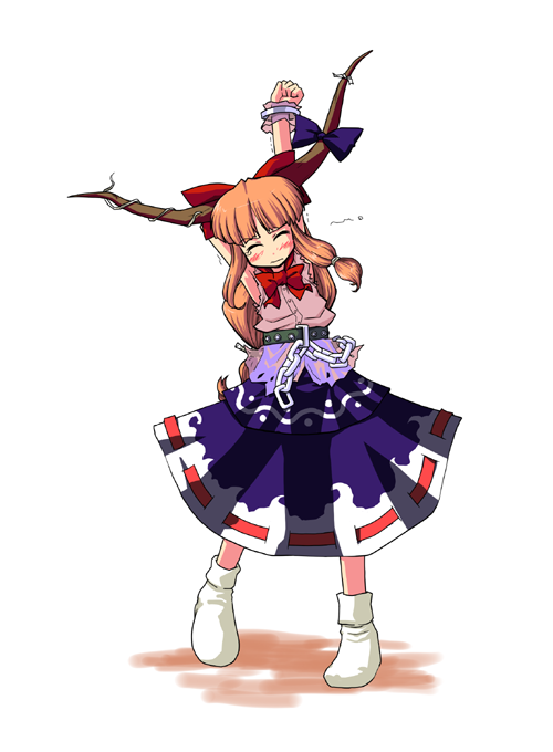 akase rai, ibuki suika, touhou, 1girl, ^ ^, armpits, blue dress, blush, bow, bowtie, closed eyes, dress, female focus, full body, hair bow, horns, layered dress, long hair, oni, orange hair, red bow, red bowtie, simple background, socks, solo, standing, stretching, very long hair, white background, white socks