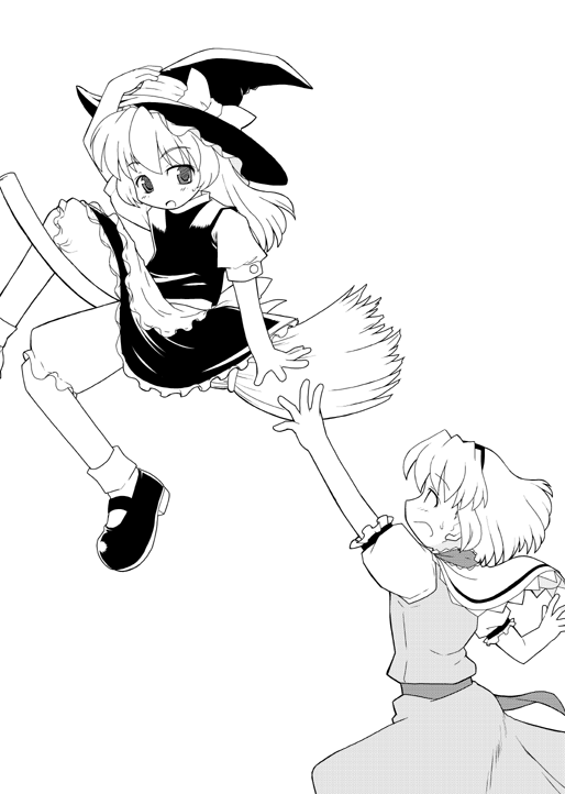 akase rai, alice margatroid, kirisame marisa, touhou, 2girls, broom, broom riding, dress, female focus, greyscale, hat, monochrome, multiple girls, simple background, underwear, white background