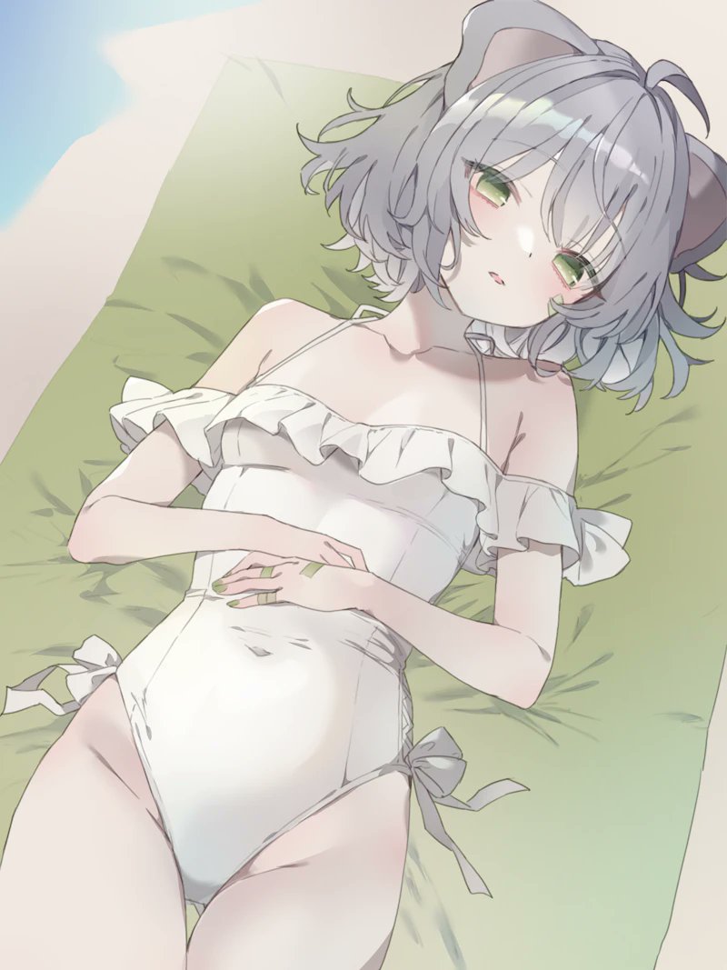 re re merry, original, 1girl, animal ears, bare shoulders, blush, breasts, covered navel, frills, green eyes, grey hair, looking at viewer, lying, off-shoulder one-piece swimsuit, off shoulder, on back, one-piece swimsuit, parted lips, short hair, small breasts, solo, swimsuit, towel, white one-piece swimsuit