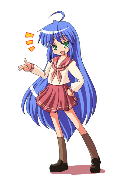 akase rai, izumi konata, lucky star, 00s, 1girl, :d, ^^^, ahoge, blue hair, brown socks, collarbone, female focus, green eyes, kneehighs, loafers, long hair, long sleeves, looking at viewer, mole, mole under eye, neckerchief, open mouth, pink neckerchief, pleated skirt, red skirt, sailor collar, school uniform, serafuku, shoes, skirt, smile, socks, solo, thighhighs, very long hair, zettai ryouiki